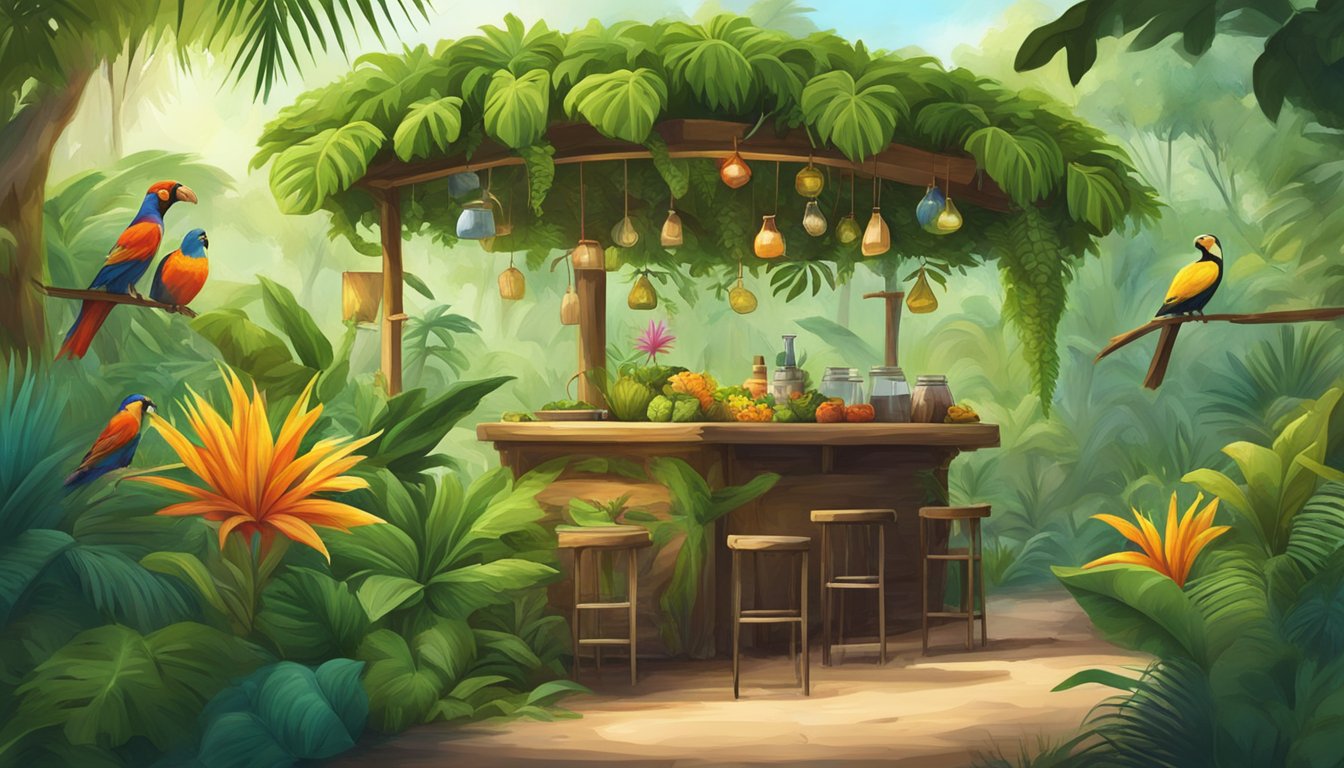 A lush tropical jungle with a small rustic taco stand nestled among the vibrant green foliage, surrounded by colorful birds and exotic flora