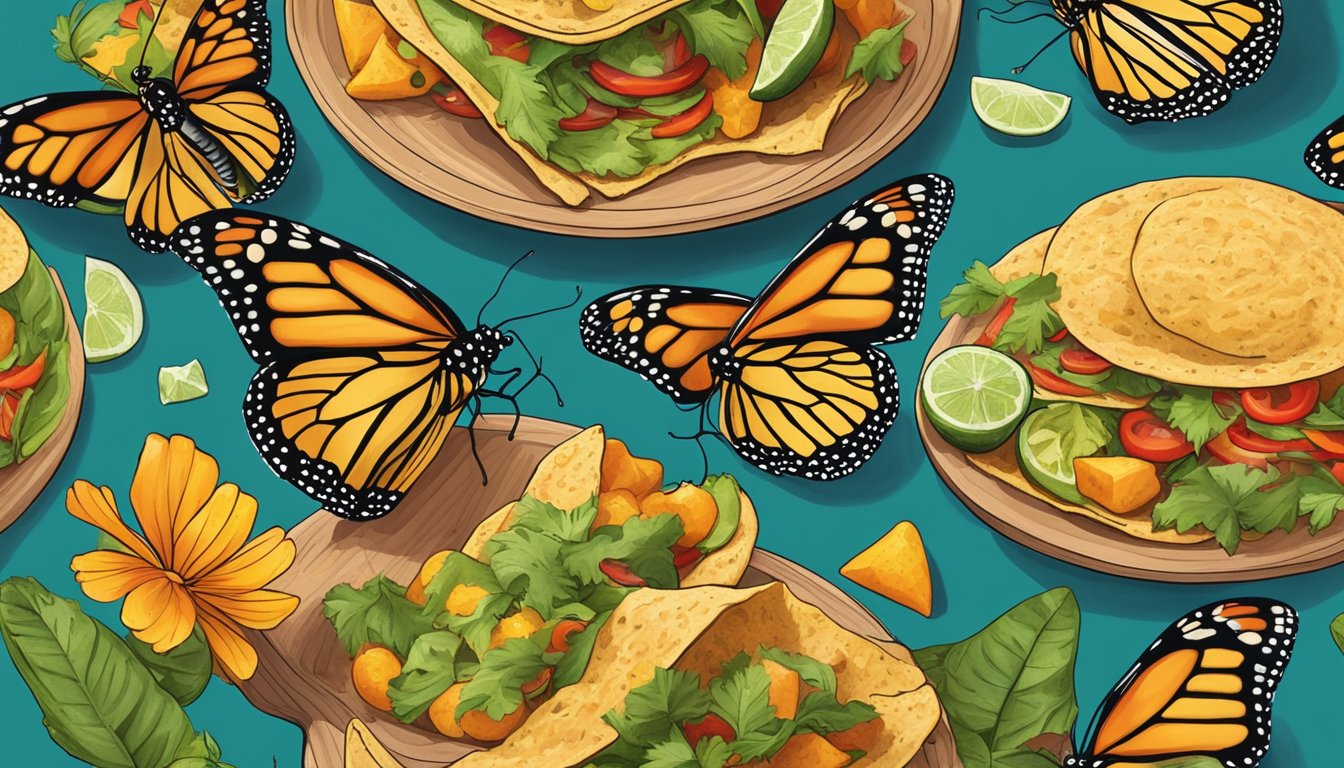 Monarch butterflies fluttering around colorful taco stands in Mexico's reserves