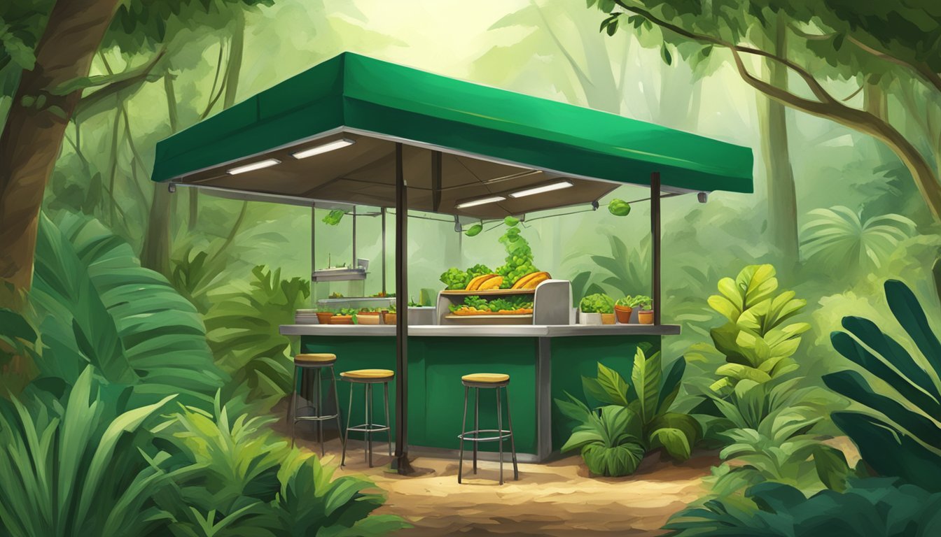 Lush jungle setting with a small taco stand nestled among vibrant green foliage, with a focus on cleanliness and safety measures