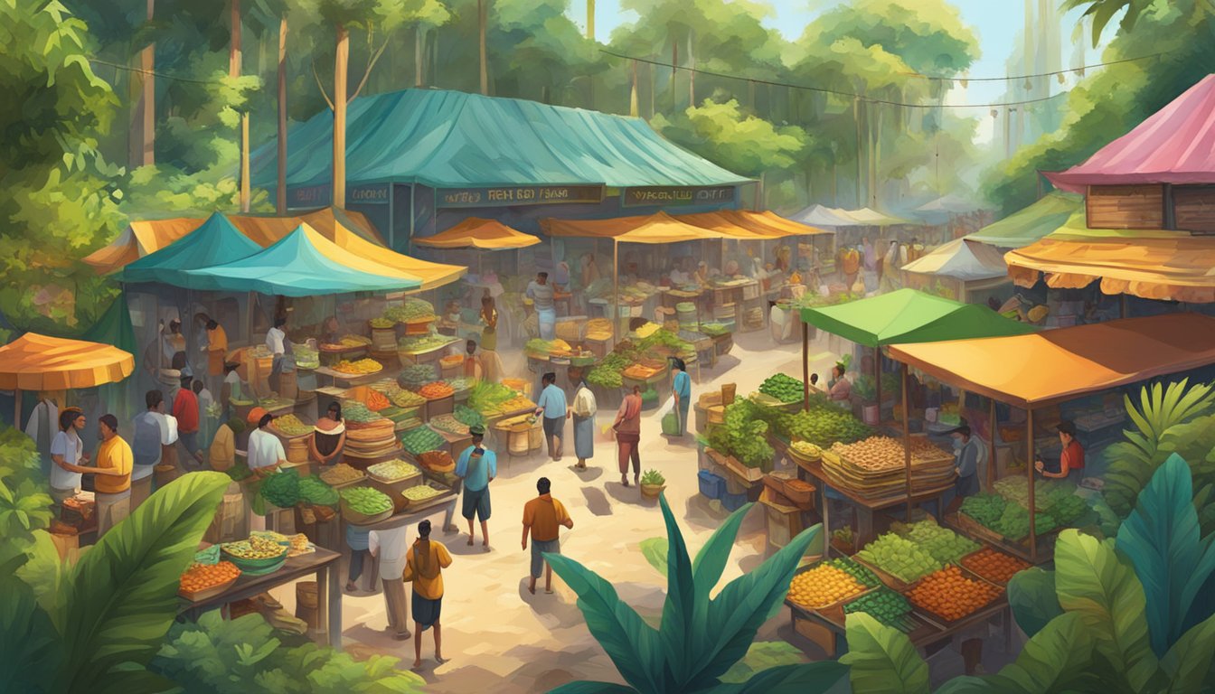 A bustling jungle marketplace, with colorful taco stands surrounded by lush greenery and exotic wildlife