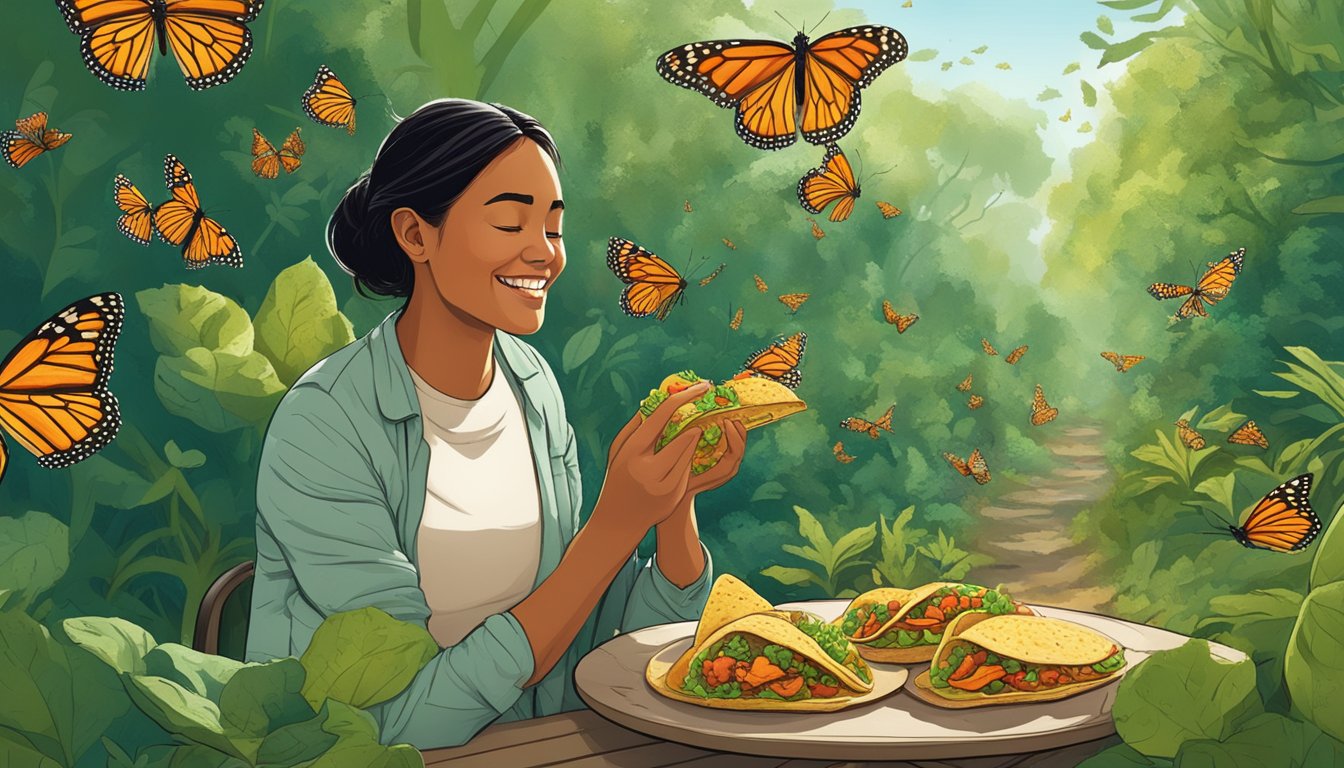 A visitor savors tacos amidst fluttering monarch butterflies in a lush Mexican reserve