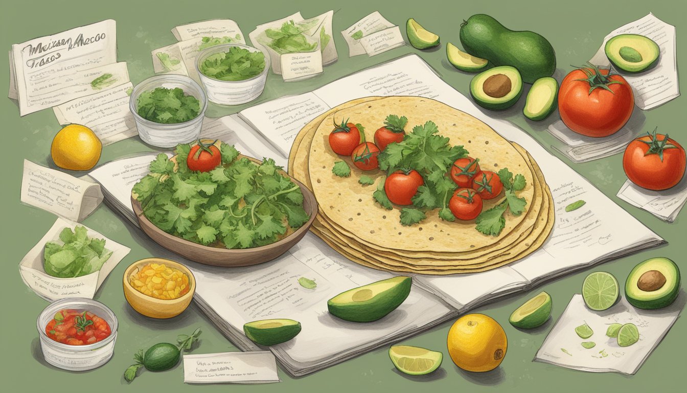 A table filled with vibrant ingredients like cilantro, tomatoes, and avocados, alongside a handwritten recipe for "Tacos of the Mexican Astronomers."