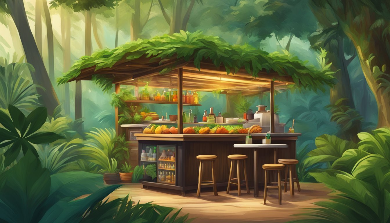 Lush green jungle with vibrant tropical plants, a small wooden taco stand nestled among the trees, the aroma of sizzling meat and spices filling the air