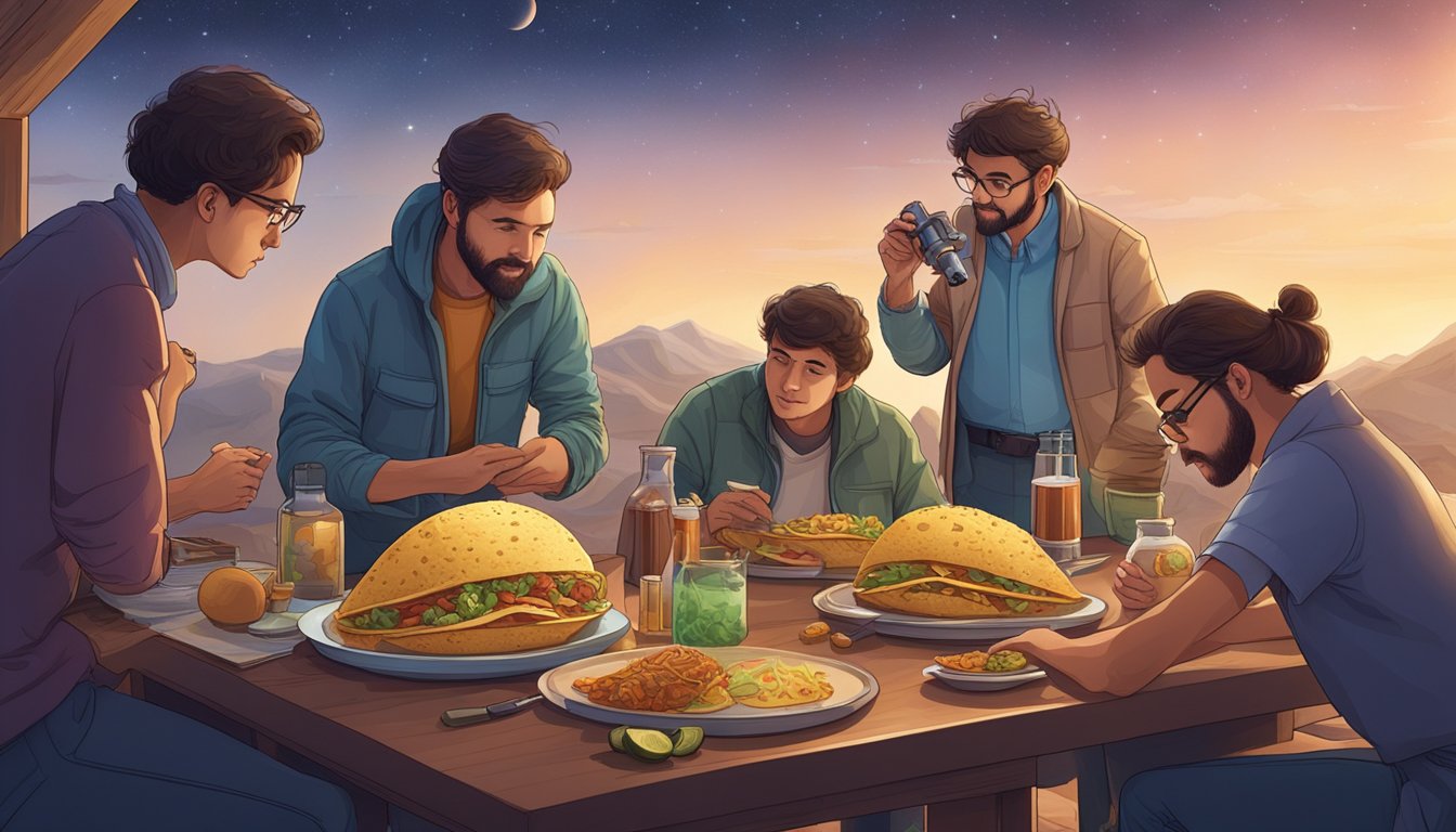 A group of astronomers gather around a telescope, with a spread of tacos and scientific instruments on a table nearby