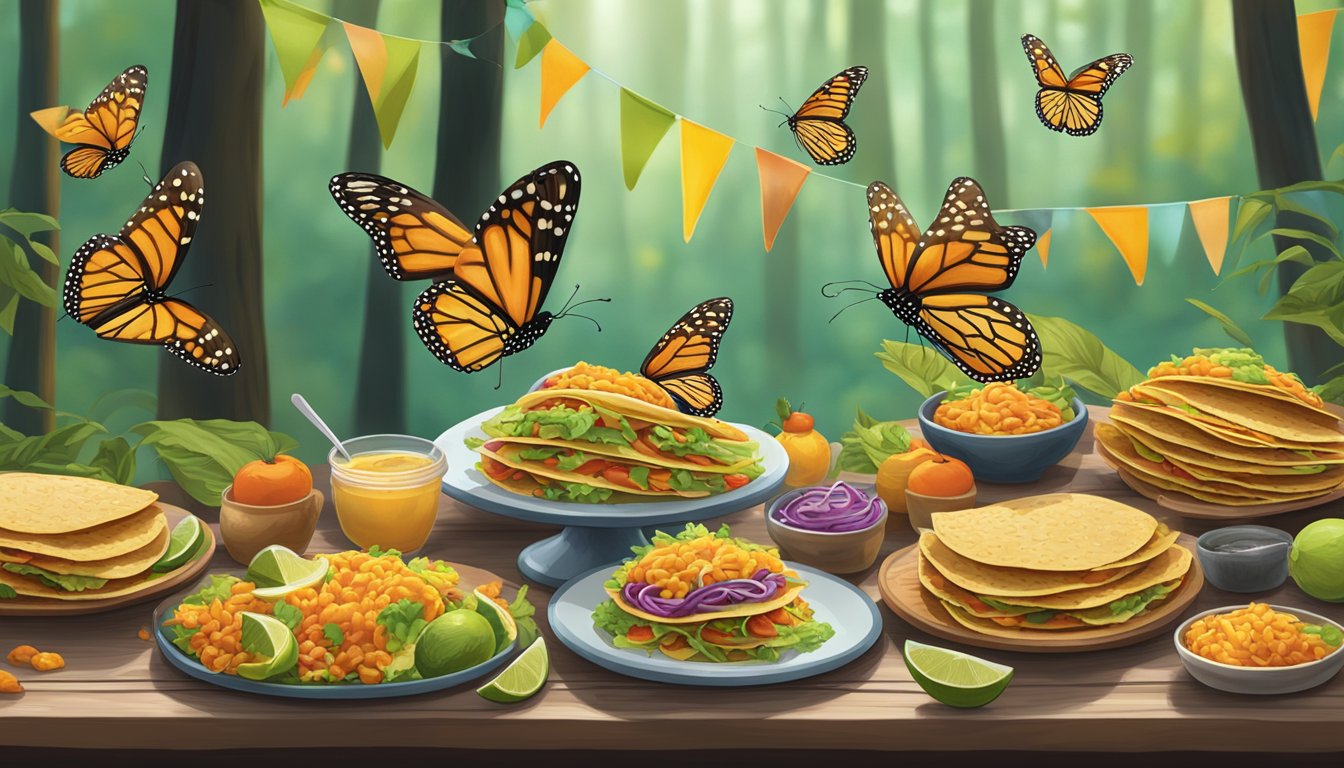 Monarch butterflies fluttering around a table of colorful tacos in a serene forest setting