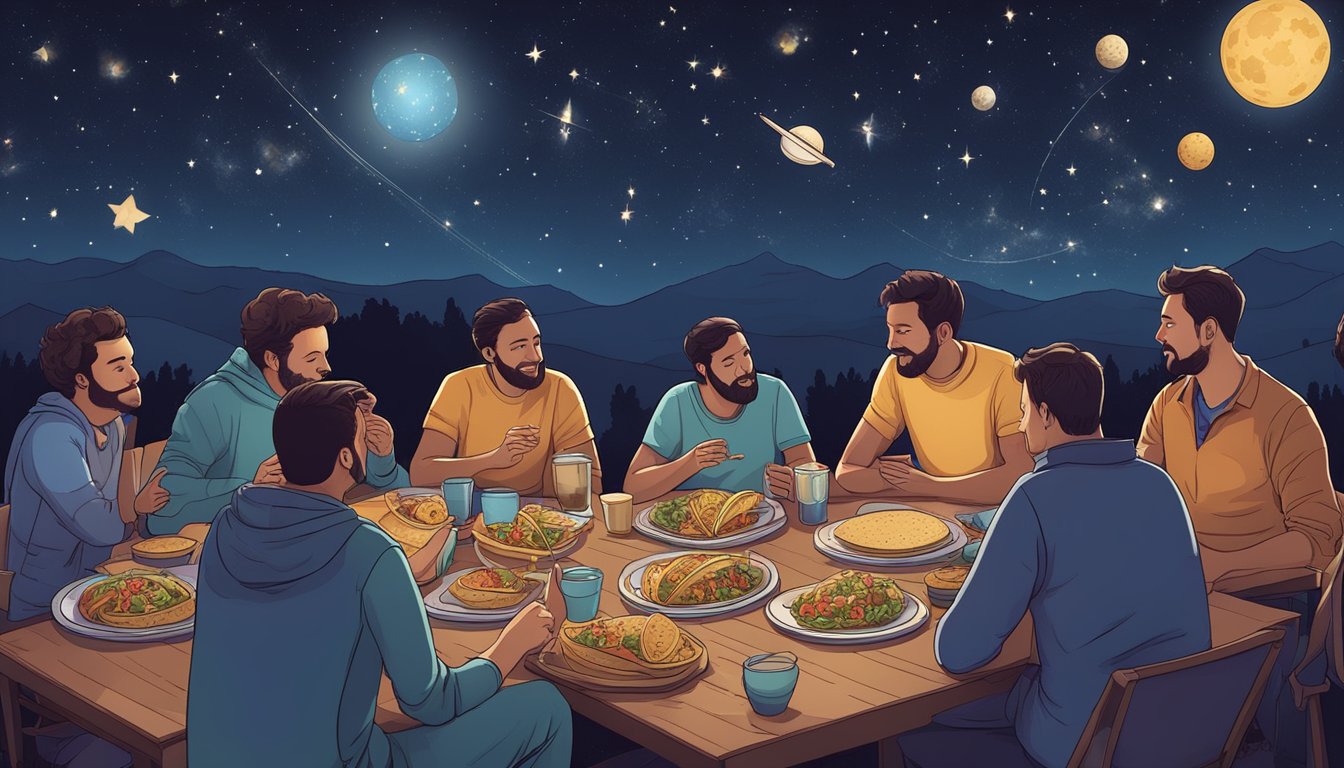 A group of astronomers enjoy tacos under the night sky, with telescopes and star charts nearby