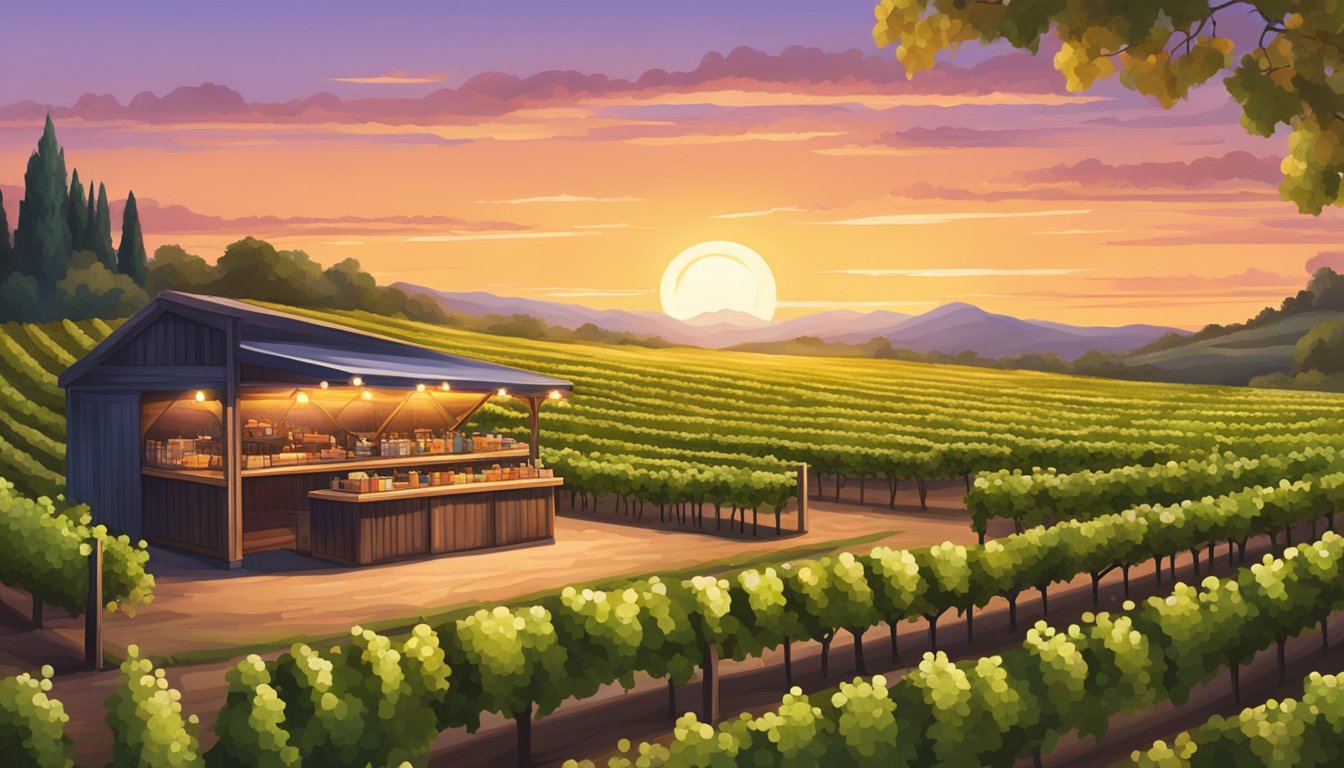 Vivid sunset over lush vineyards, with a rustic taco stand nestled among the rows of grapevines