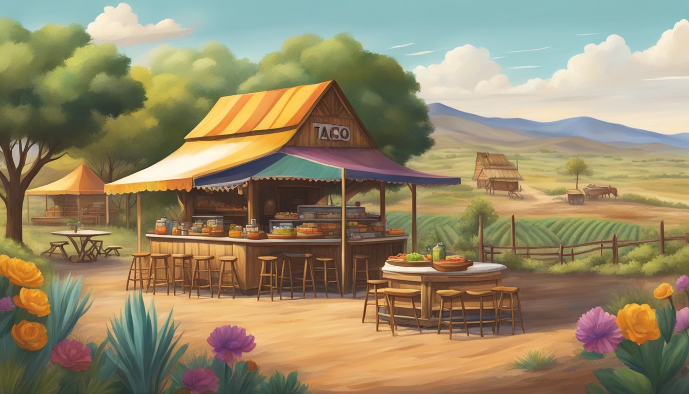 A rustic ranch in Mexico with rolling hills, grazing cattle, and a colorful taco stand serving the best tacos in the heartland