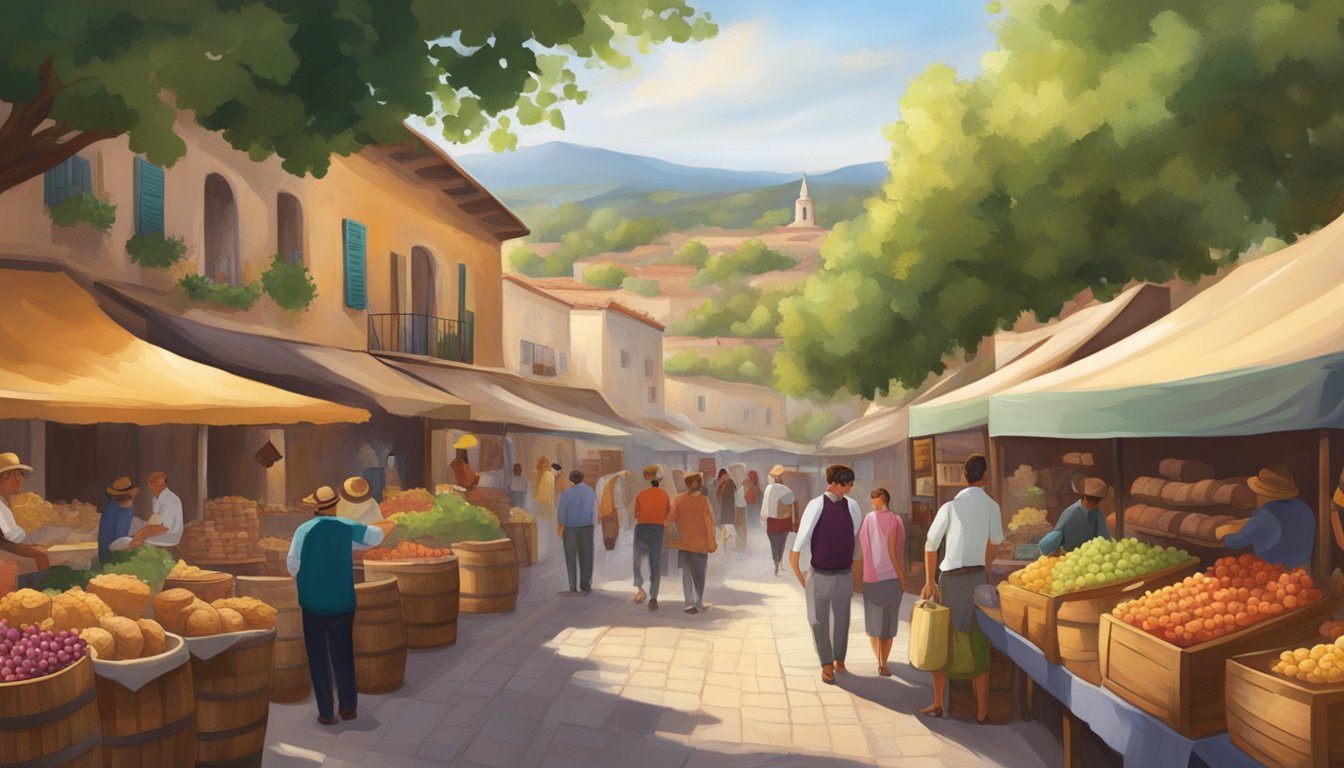 Vibrant vineyards overlook a bustling street market, where the aroma of sizzling meat and fresh tortillas mingles with the scent of aged wine barrels