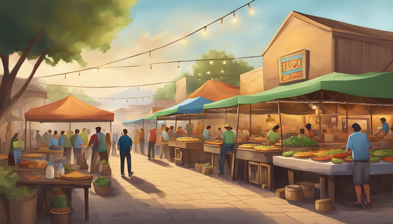 A rustic street market with colorful stalls, where a group of ranchers gather to enjoy authentic tacos filled with fresh, grilled meats and topped with zesty salsa and creamy guacamole