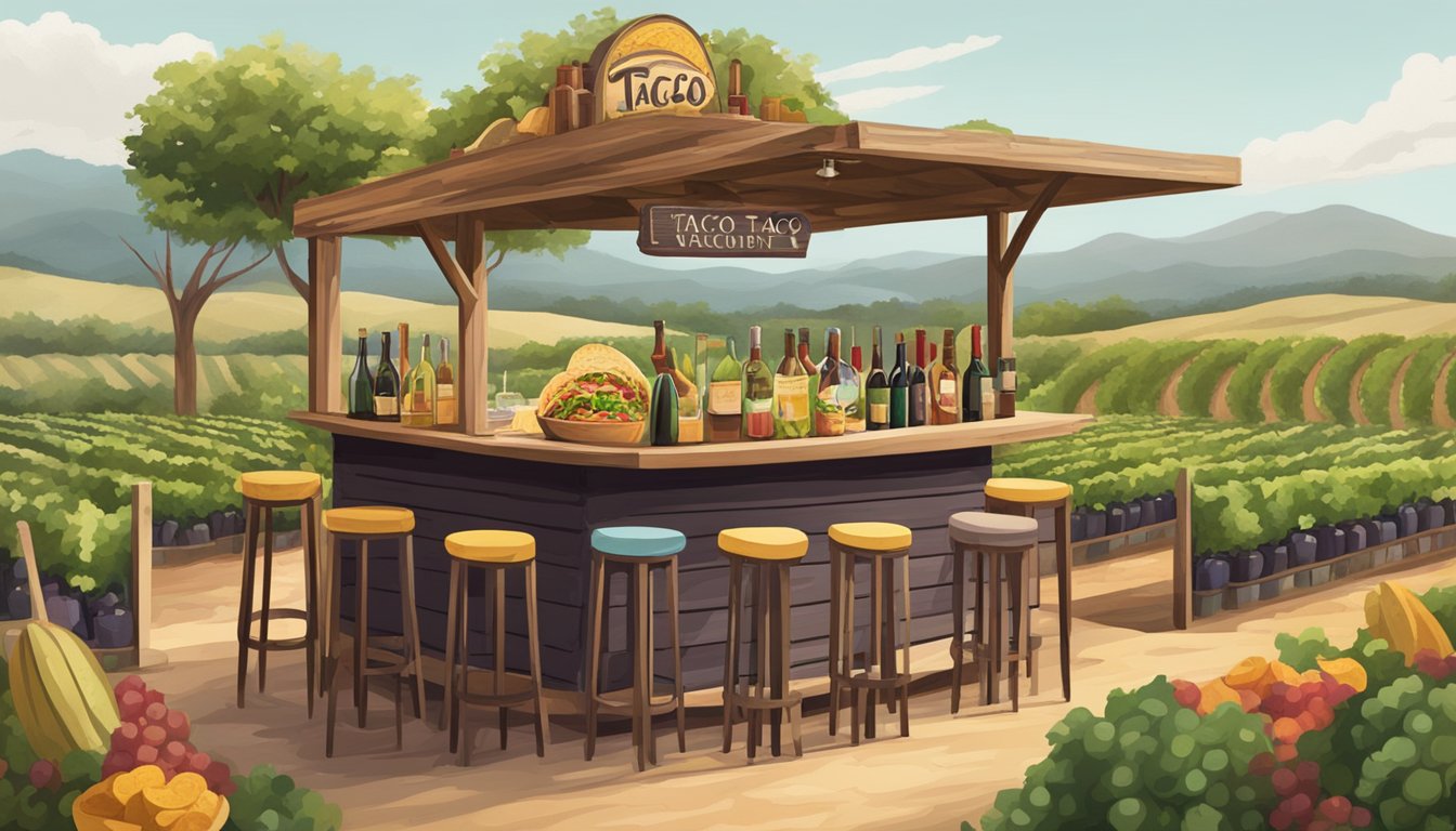 A rustic taco stand surrounded by vineyards, with a variety of tacos and wine bottles on display