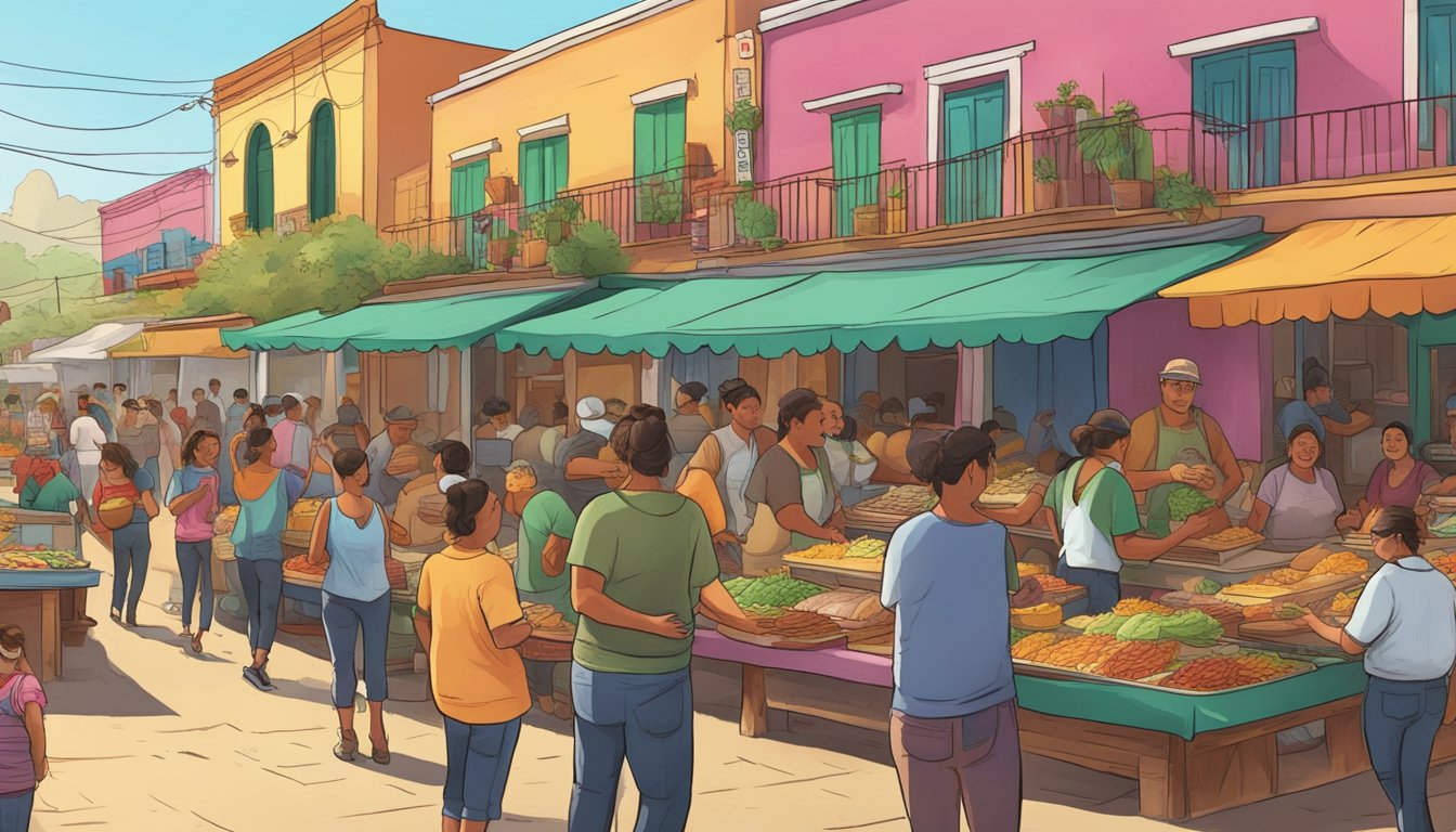 A bustling street market in Mexico's ranching heartlands, with colorful taco stands and enthusiastic customers enjoying the best tacos in the region