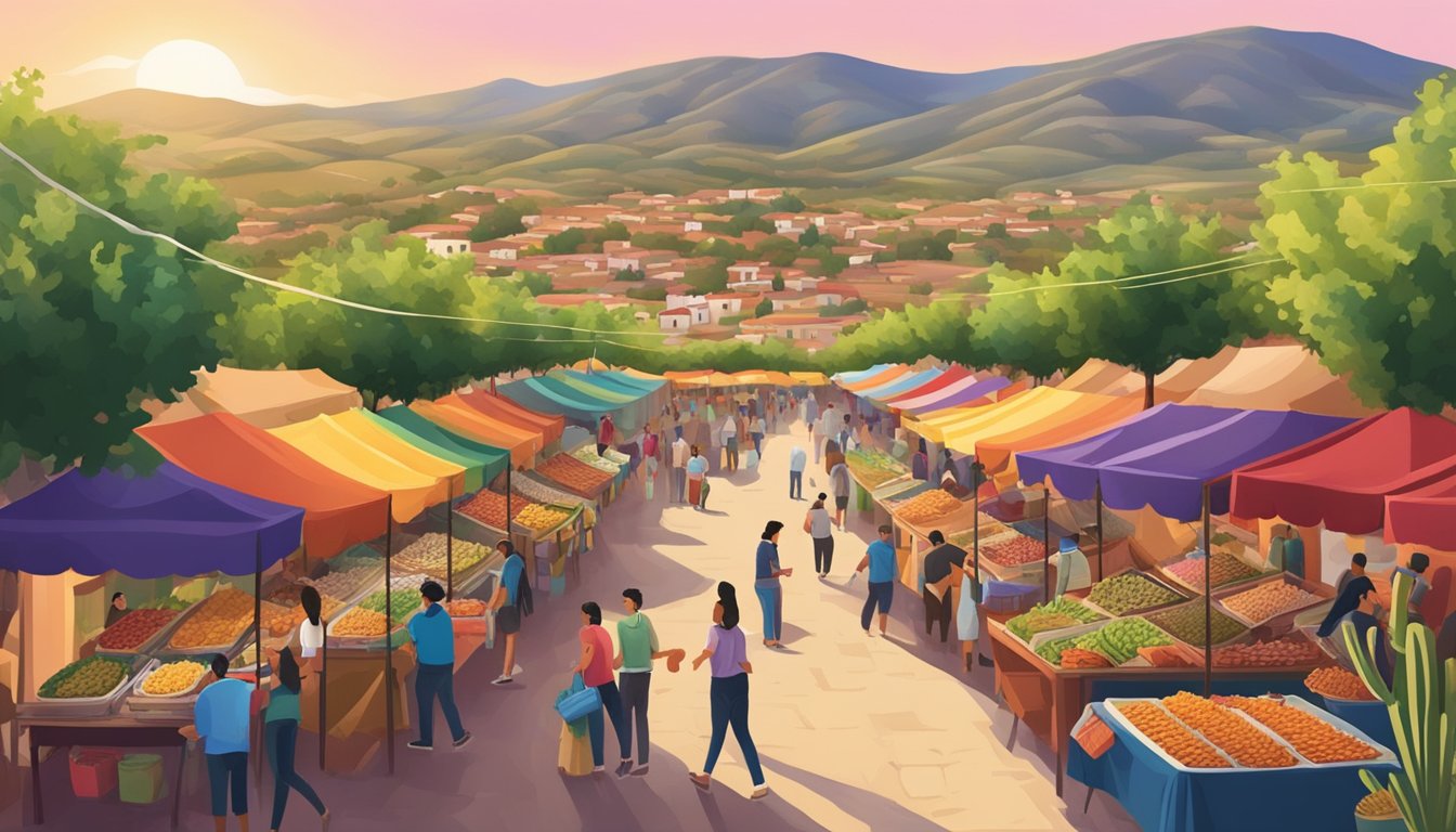 A colorful street market filled with vendors selling mouthwatering tacos, surrounded by lush vineyards and rolling hills in Querétaro's wine country