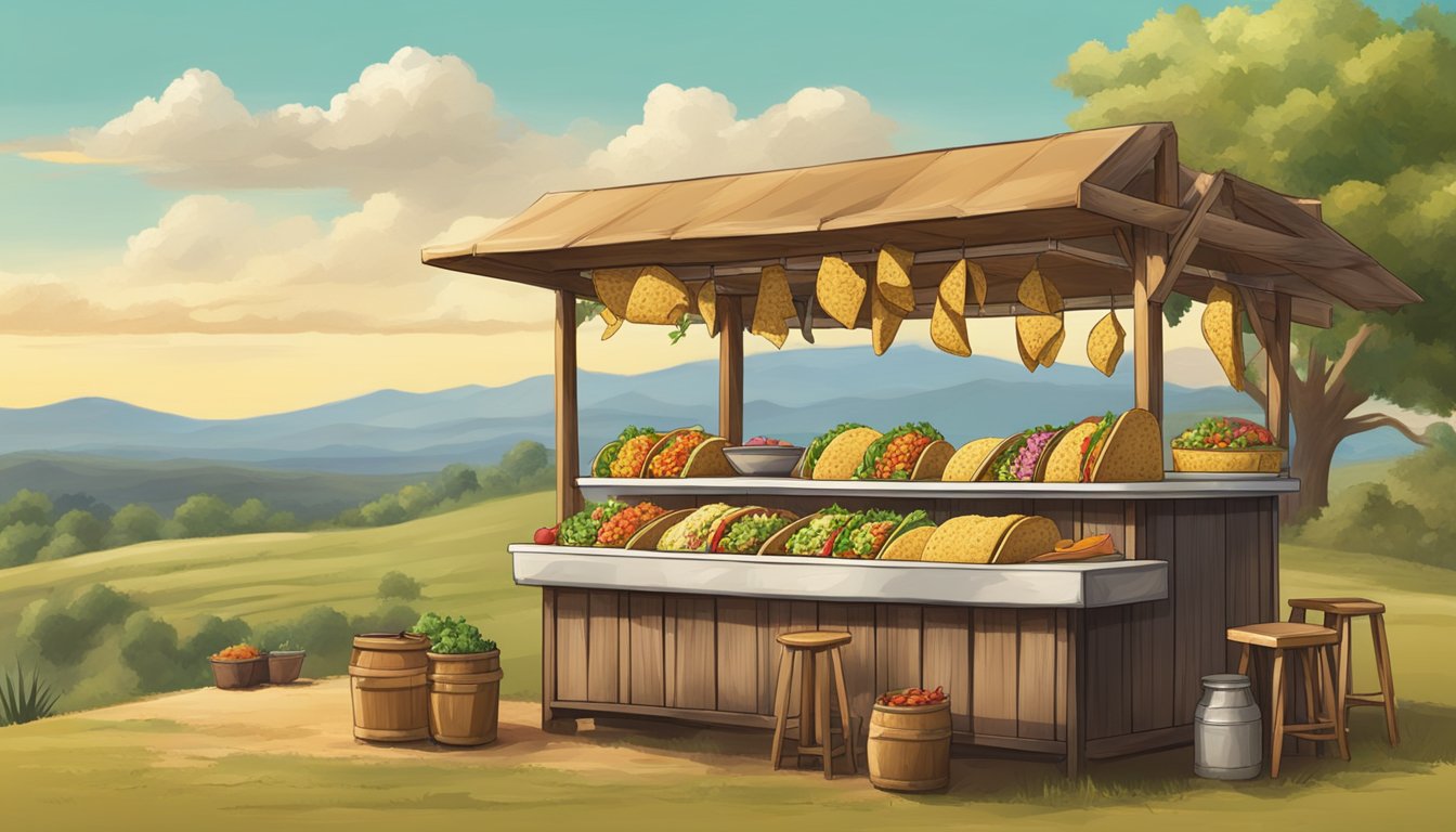 A rustic outdoor taco stand surrounded by rolling hills and grazing cattle, with a colorful array of freshly prepared tacos on display