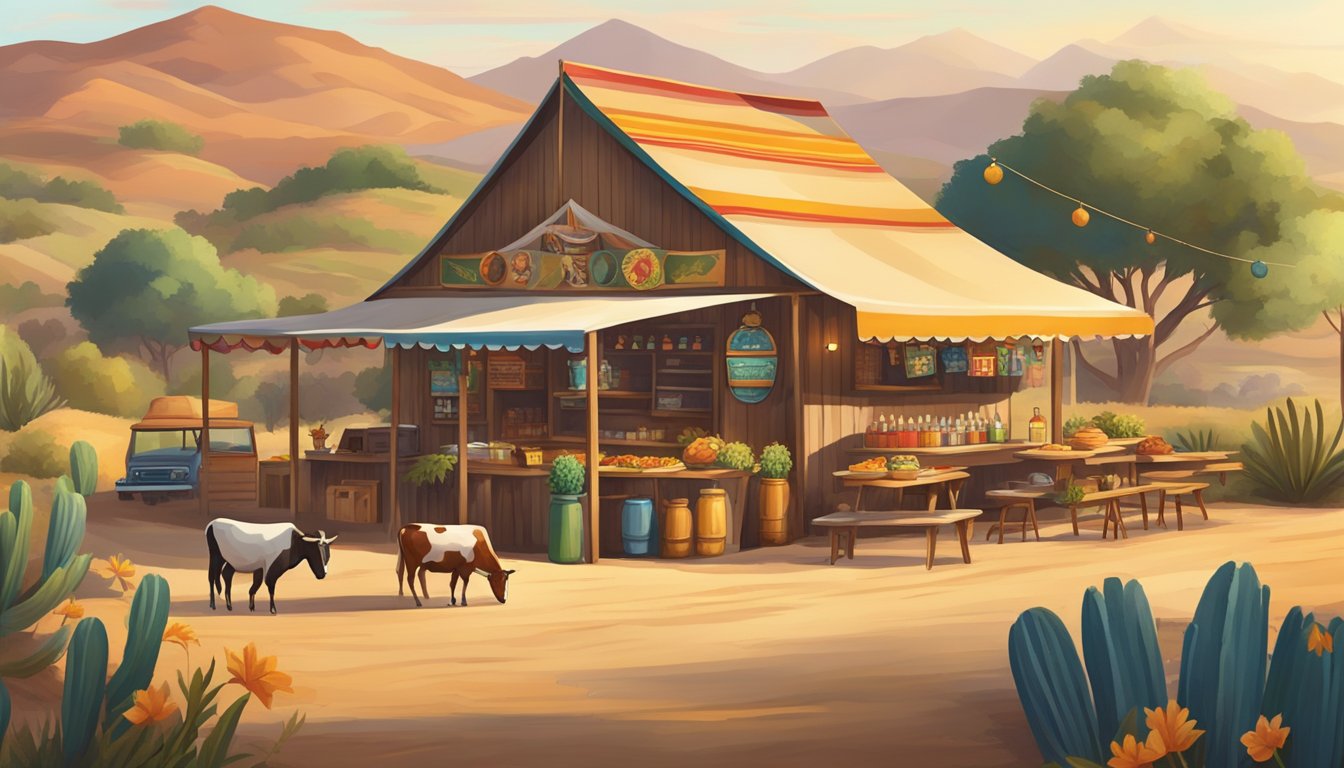 A rustic ranch setting with colorful traditional Mexican decor, surrounded by rolling hills and grazing cattle. A small taco stand serves up the best tacos in the area