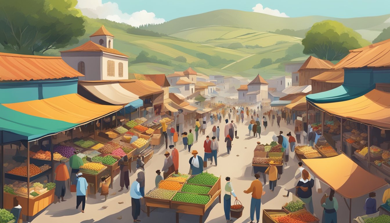 A bustling street market with colorful stalls and savory aromas, surrounded by rolling hills and grazing cattle