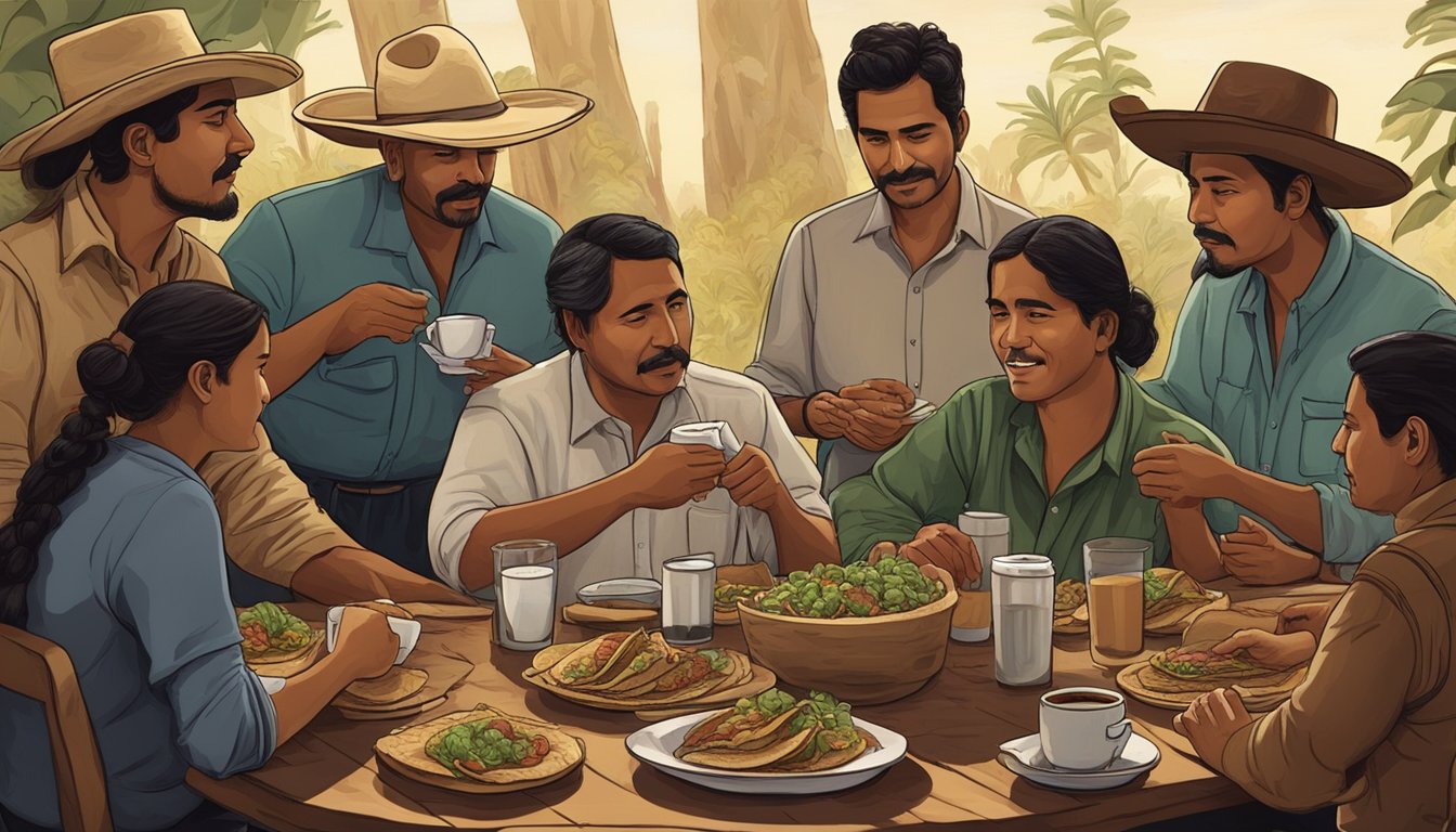 A group of Mexican coffee growers gather around a table, enjoying tacos while discussing the rich history of coffee in their country