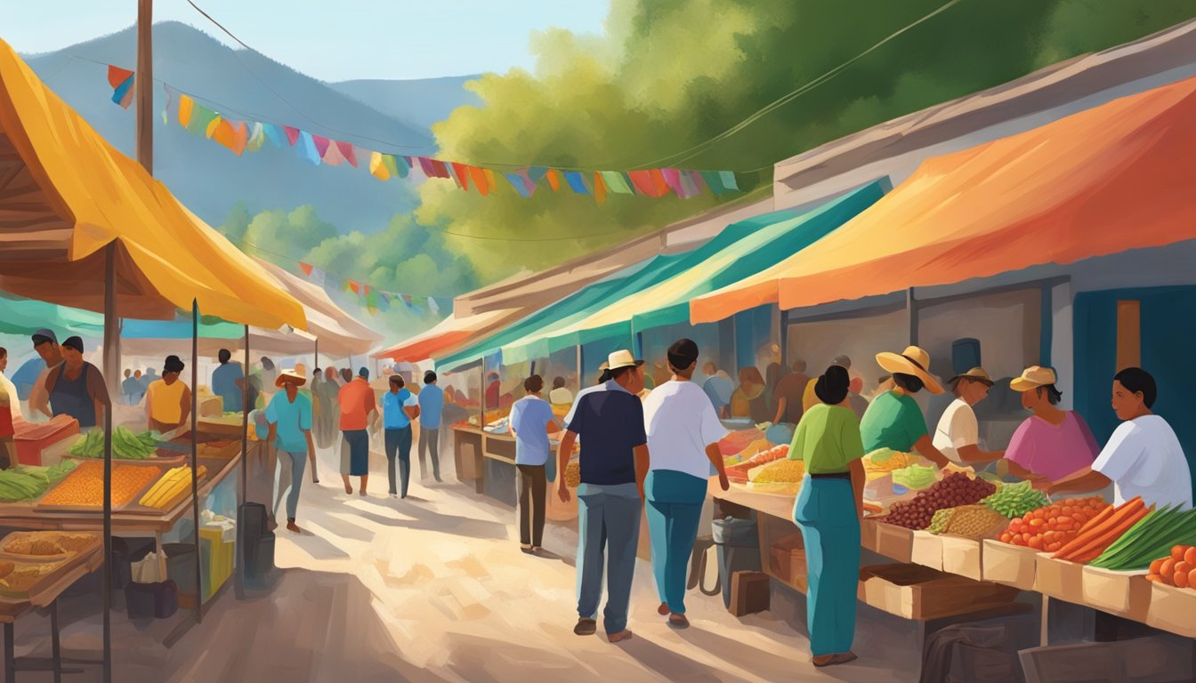 A bustling market in the Sierra Madre mountains, with colorful stalls selling fresh ingredients and locals enjoying the best tacos in Mexico