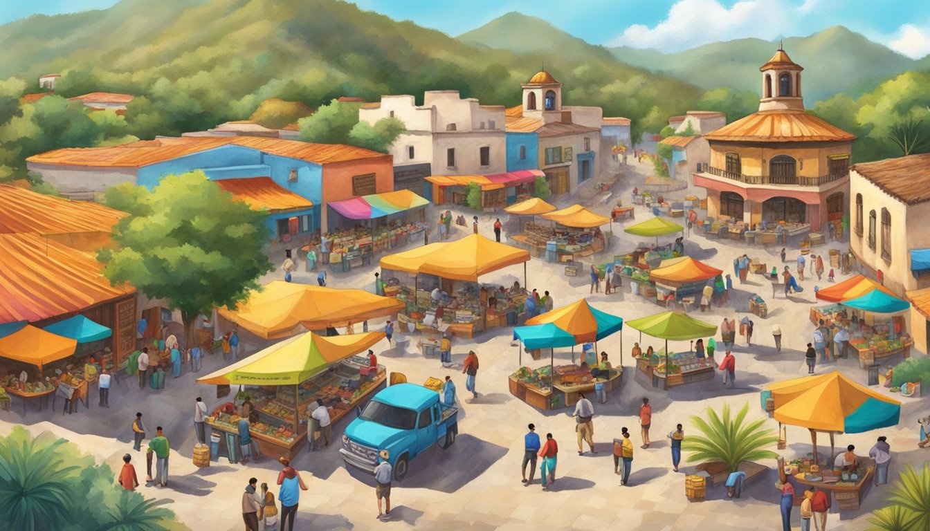 A bustling mountain village square, surrounded by colorful taco stands and filled with locals and tourists enjoying the best tacos in Mexico's Sierra Madre mountains