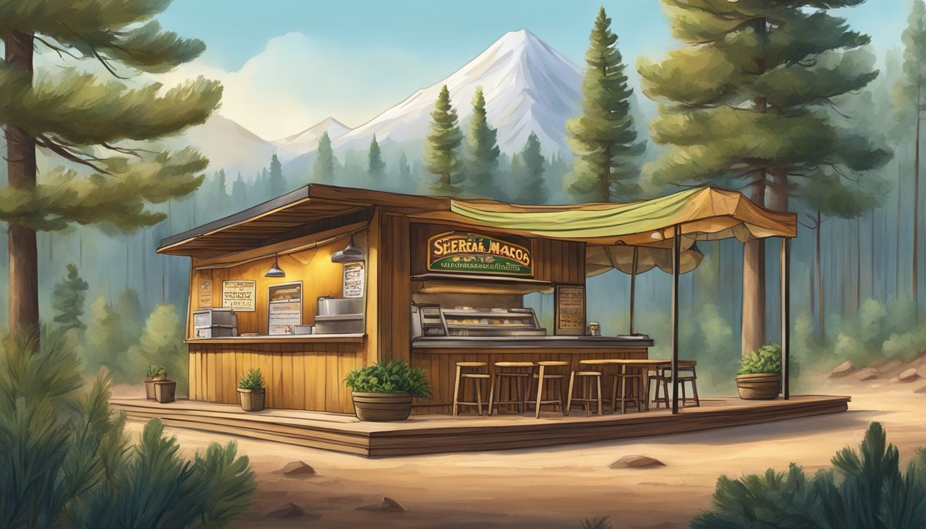 A mountainous landscape with a small taco stand nestled among pine trees, serving up flavorful and distinctive ingredients in Sierra Madre Tacos