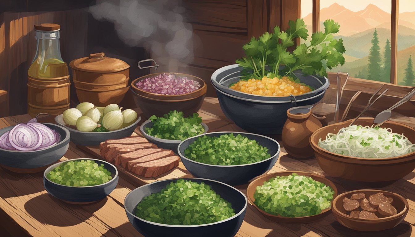 Freshly chopped cilantro and onions sit in small bowls next to marinated meats and sizzling grills in a rustic kitchen in the Sierra Madre mountains