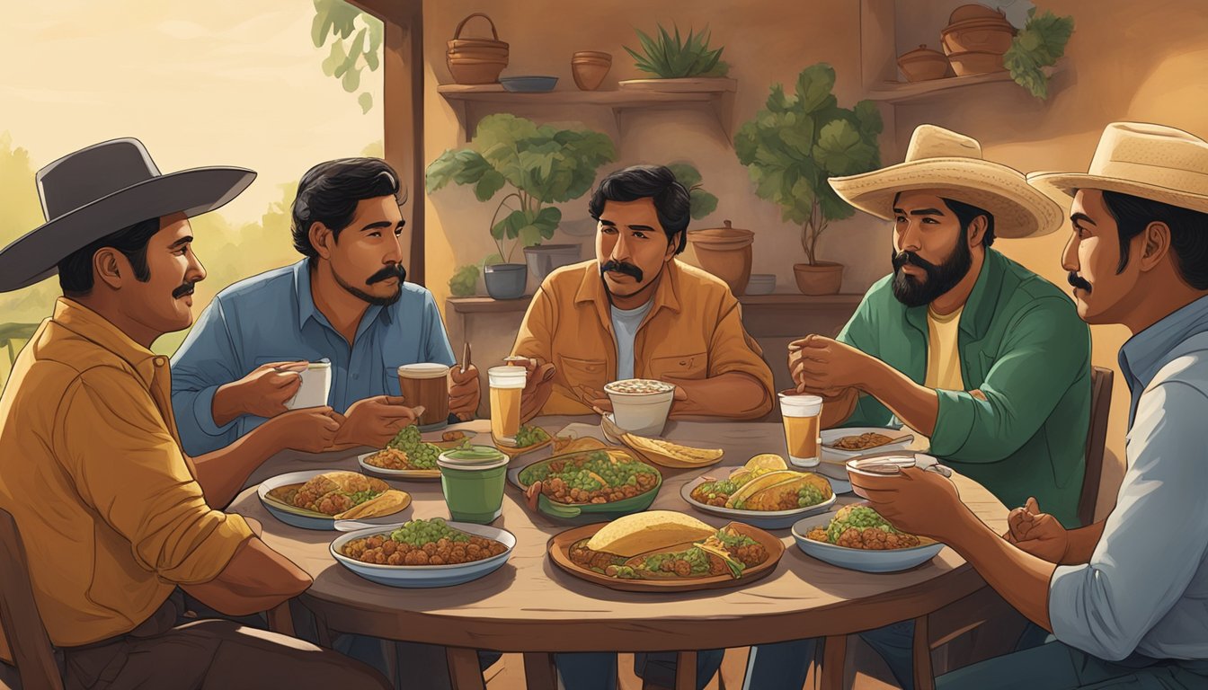 A group of Mexican coffee growers gather around a table, discussing socioeconomic factors while enjoying tacos together