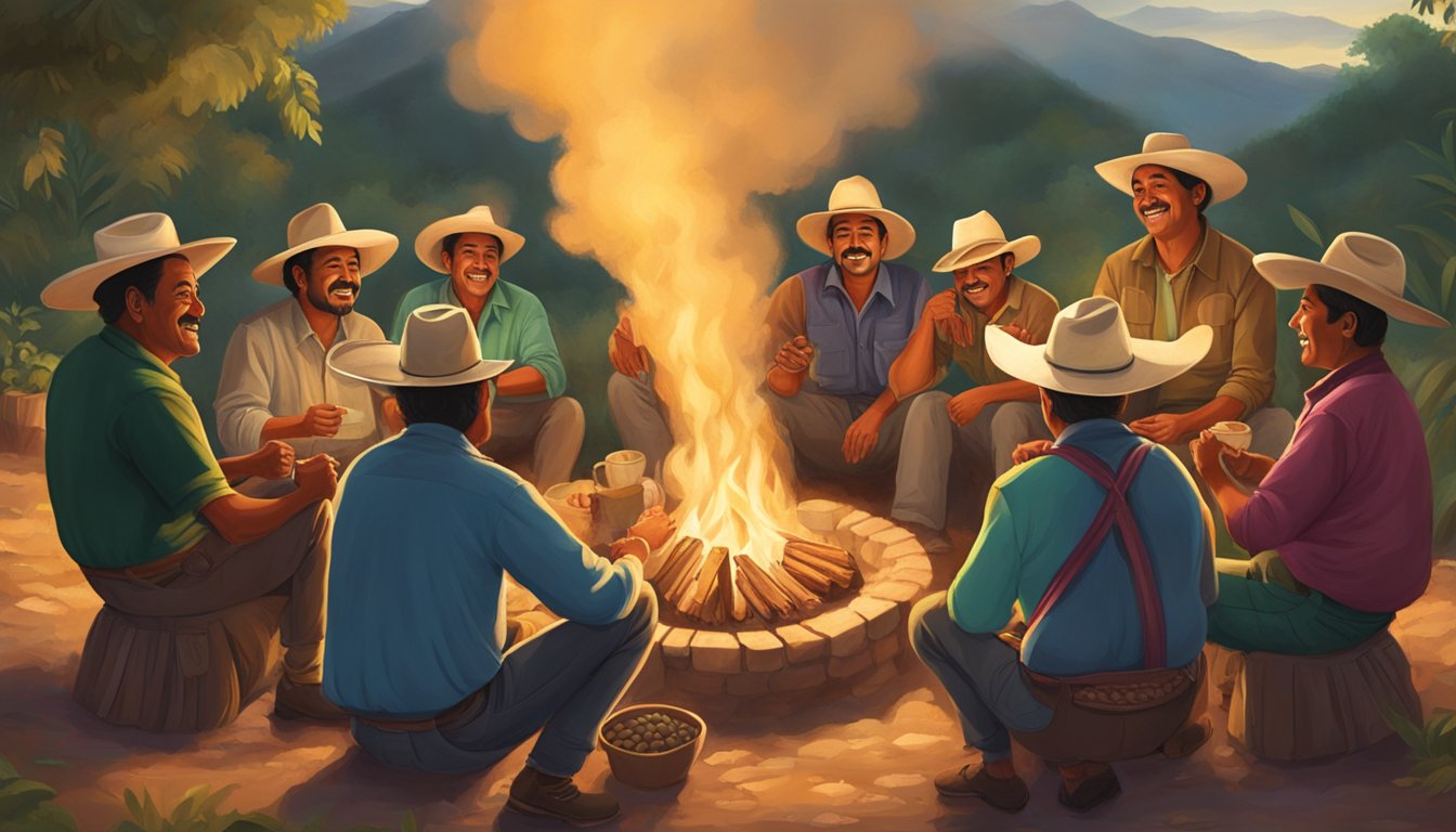 A group of Mexican coffee growers gather around a fire, sharing tacos and stories, their laughter echoing through the mountains