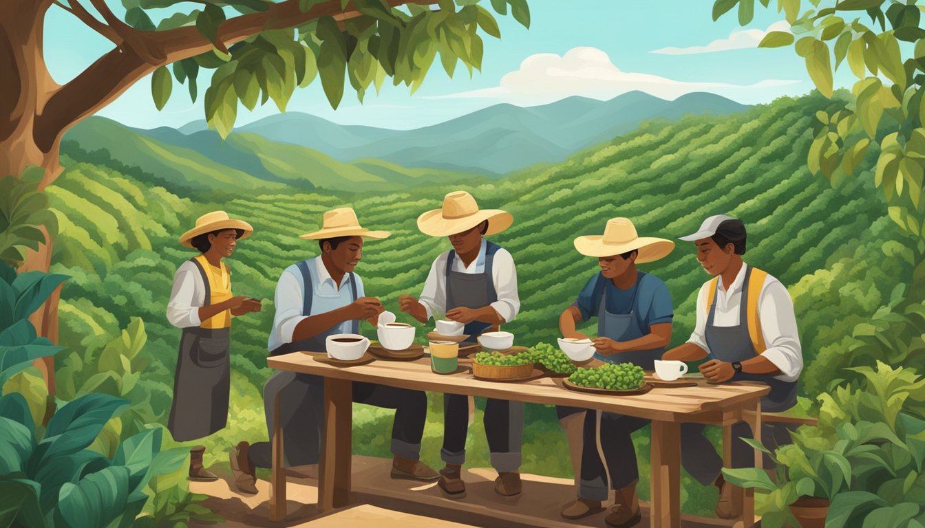 The coffee growers prepare and enjoy tacos in a rustic outdoor setting, surrounded by lush green coffee plants and mountains in the background