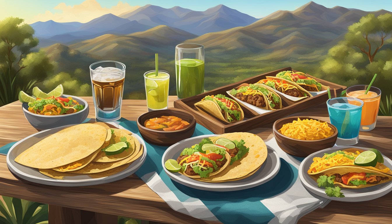 A rustic outdoor table with a variety of tacos and drinks surrounded by the scenic Sierra Madre mountains