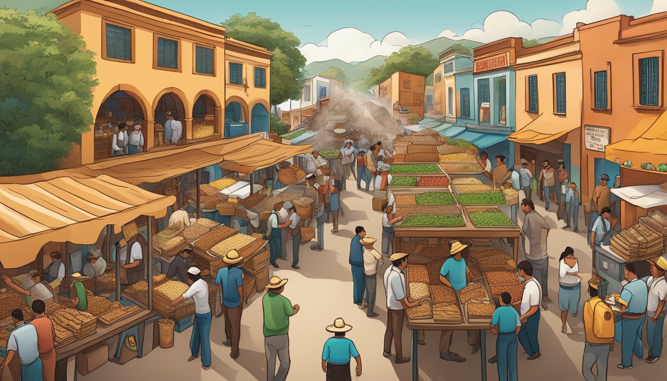 A bustling marketplace with Mexican coffee growers exporting tacos to various countries, showcasing their global influence