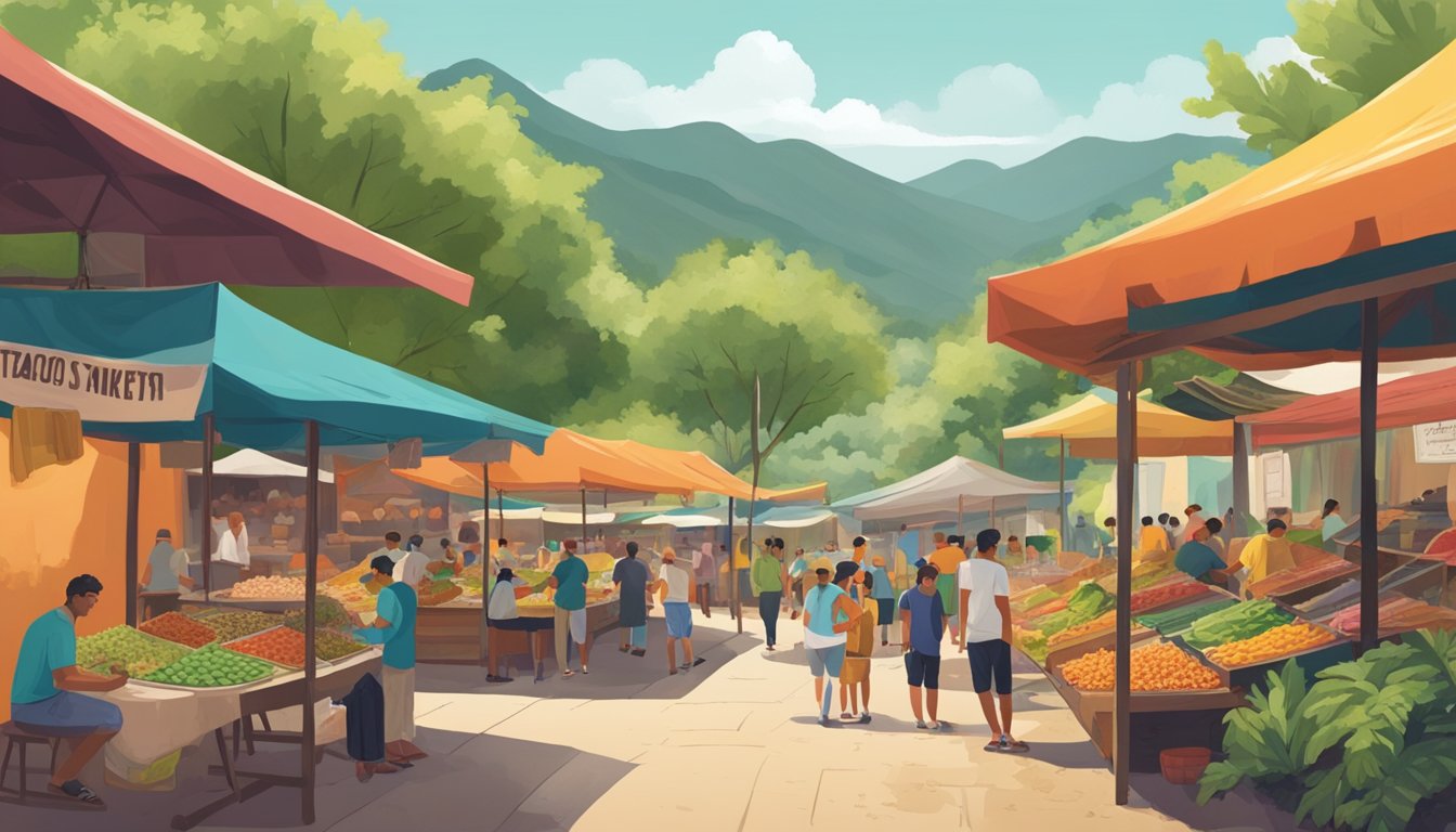 Colorful market stalls nestled in the Sierra Madre mountains, surrounded by lush greenery and bustling with tourists sampling the region's best tacos