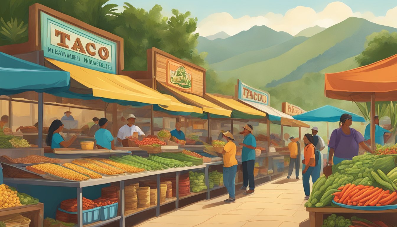 Vibrant market scene in Sierra Madre mountains, showcasing sustainable taco industry practices