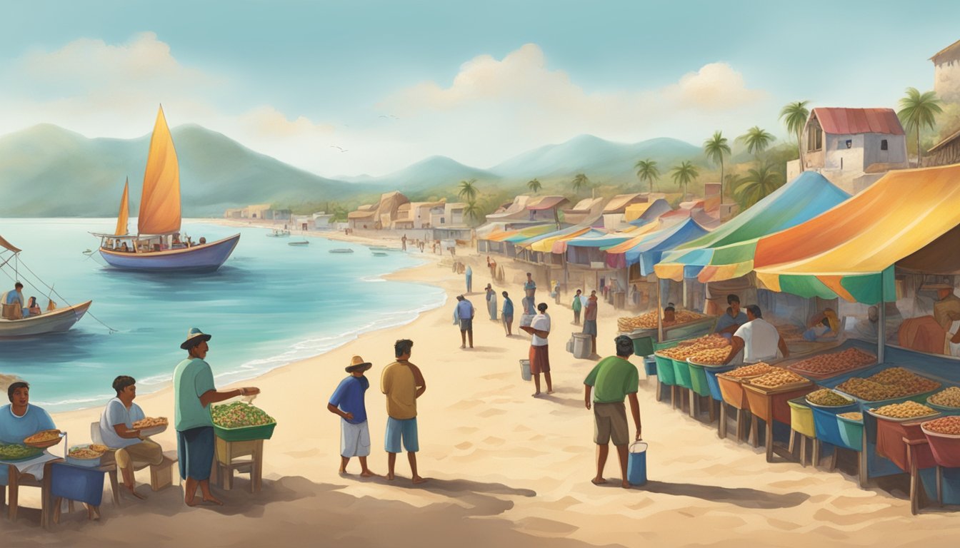 A bustling Mexican fishing village with colorful taco stands lining the sandy shore, fishermen unloading their catch as locals gather to enjoy the traditional dish