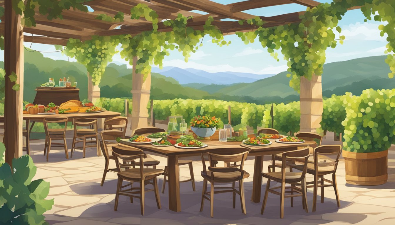 A rustic outdoor dining area in Mexico's vineyards, surrounded by lush greenery and grapevines, with a table set with colorful plates of delicious tacos