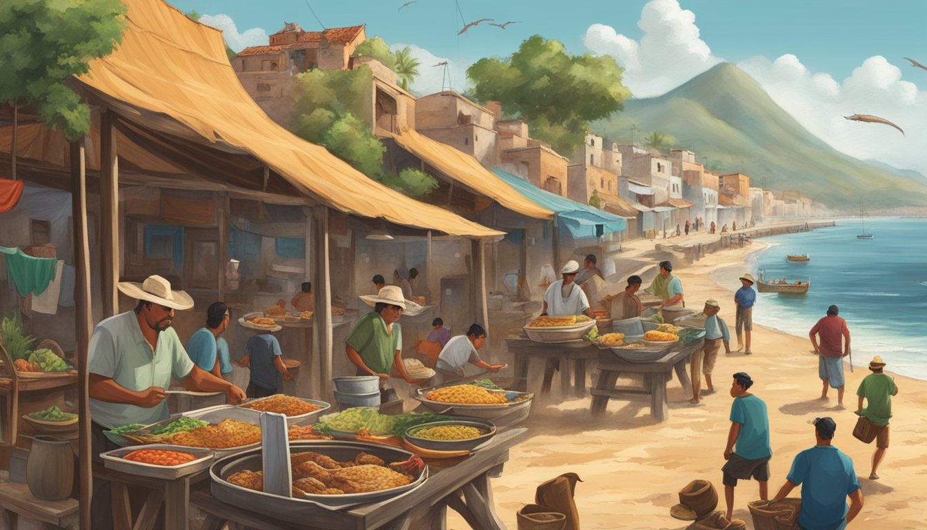 A bustling Mexican fishing village, with fishermen enjoying tacos on the shore as the aroma of sizzling meat and spices fills the air