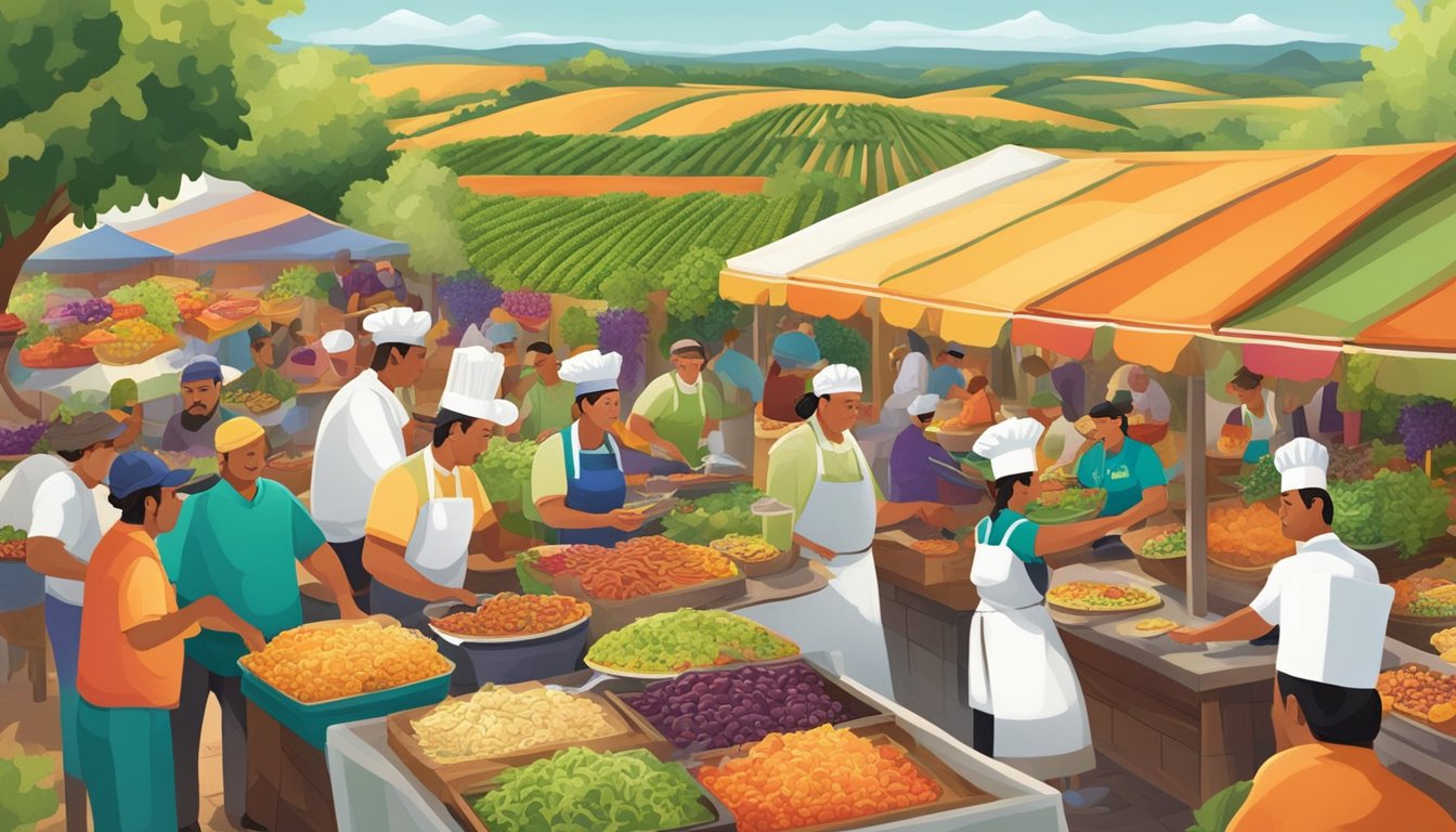 A colorful outdoor market with chefs cooking up a variety of signature tacos, surrounded by the lush vineyards of Mexico's wine valleys