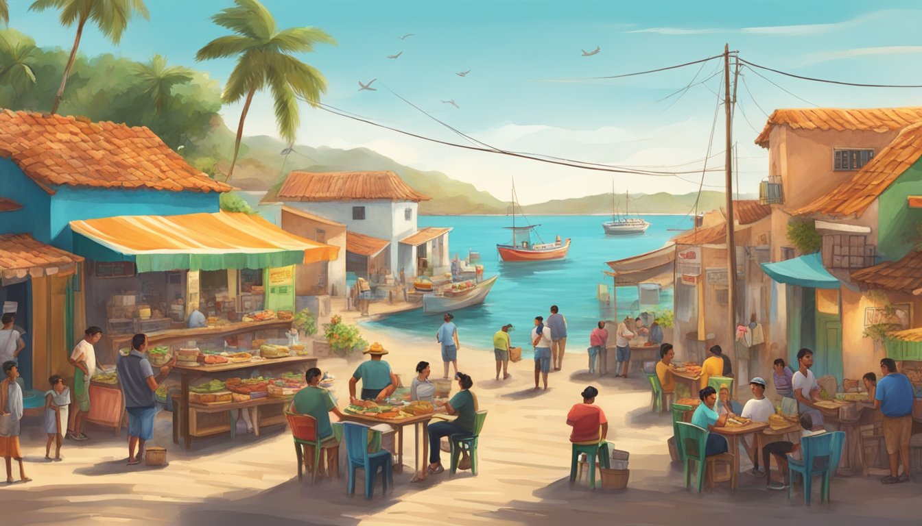 A bustling Mexican fishing village with colorful taco stands and locals enjoying the traditional cuisine by the sea