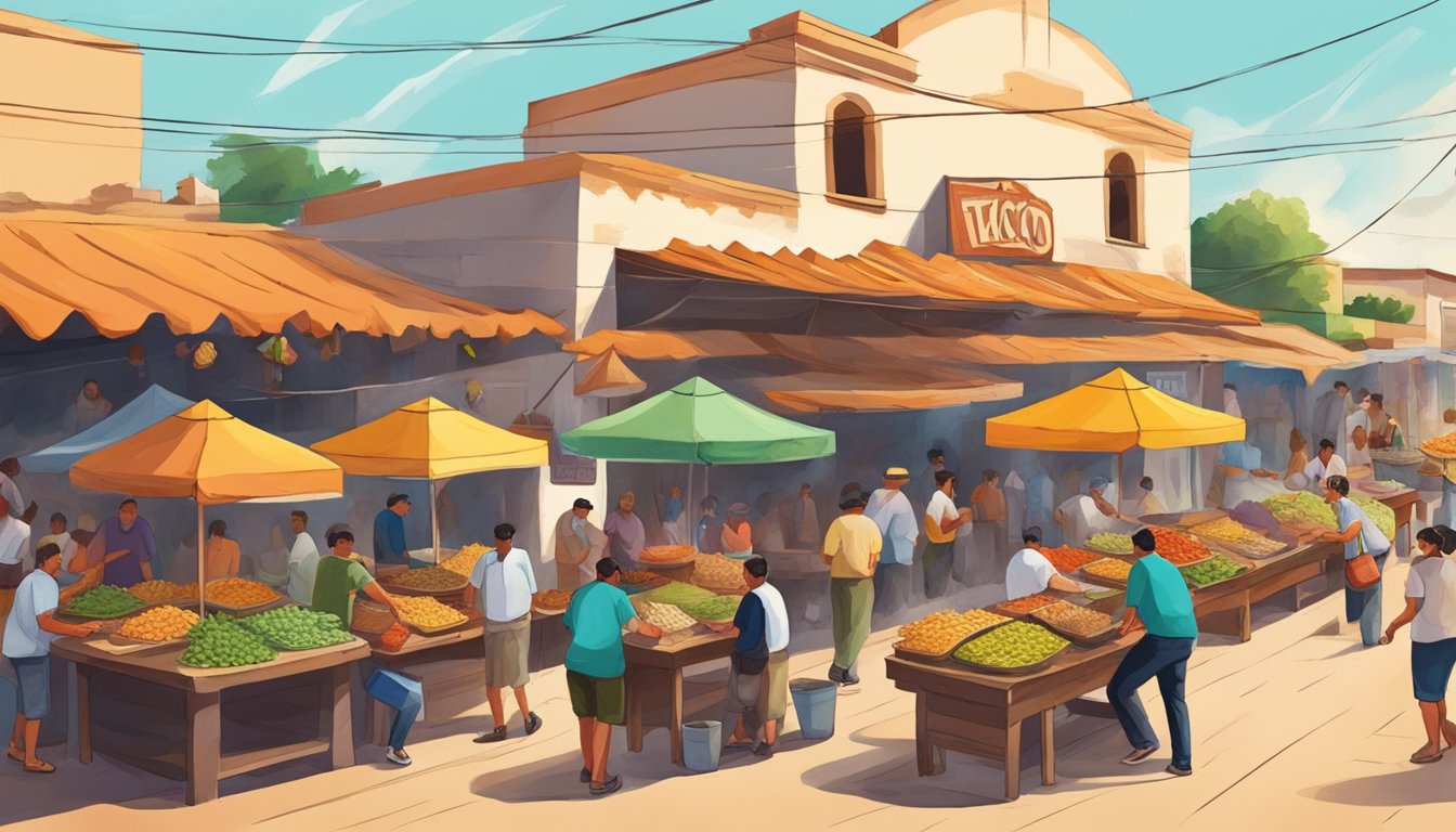 A bustling street market in Tequila Country, with colorful taco stands and locals enjoying the best traditional tacos in Mexico