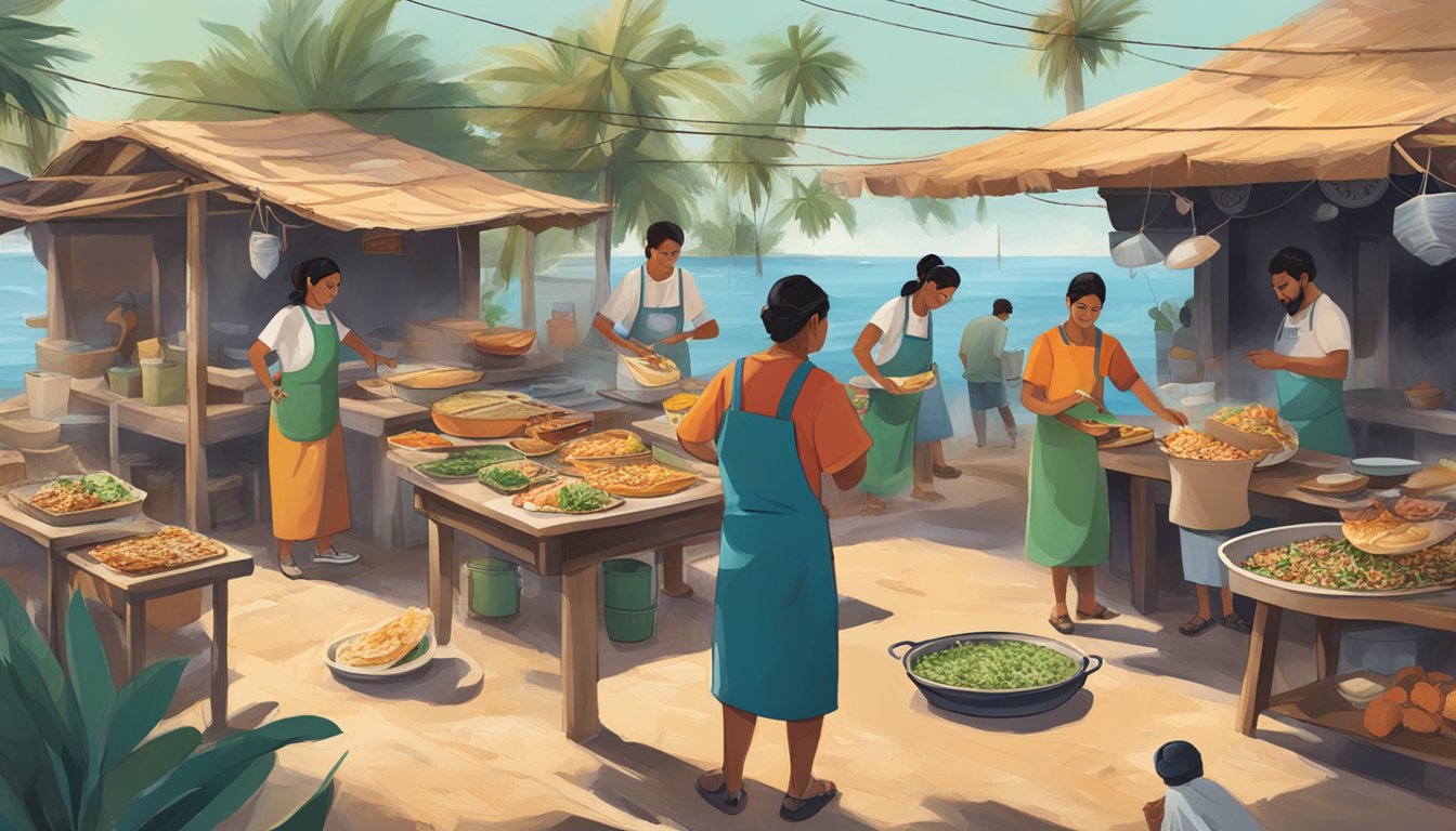 A bustling Mexican fishing village with locals innovating taco-making techniques using fresh seafood and contemporary cooking practices