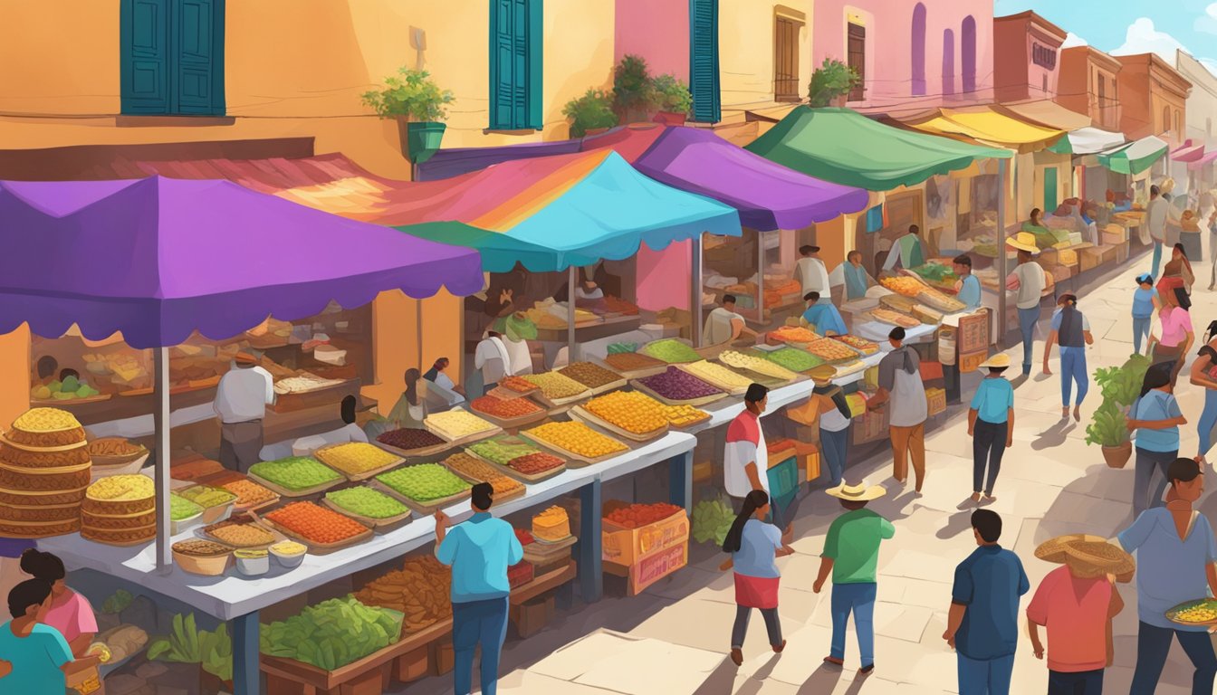 A bustling street market in Tequila, Mexico, with colorful taco stands and vendors serving up delicious and authentic tacos