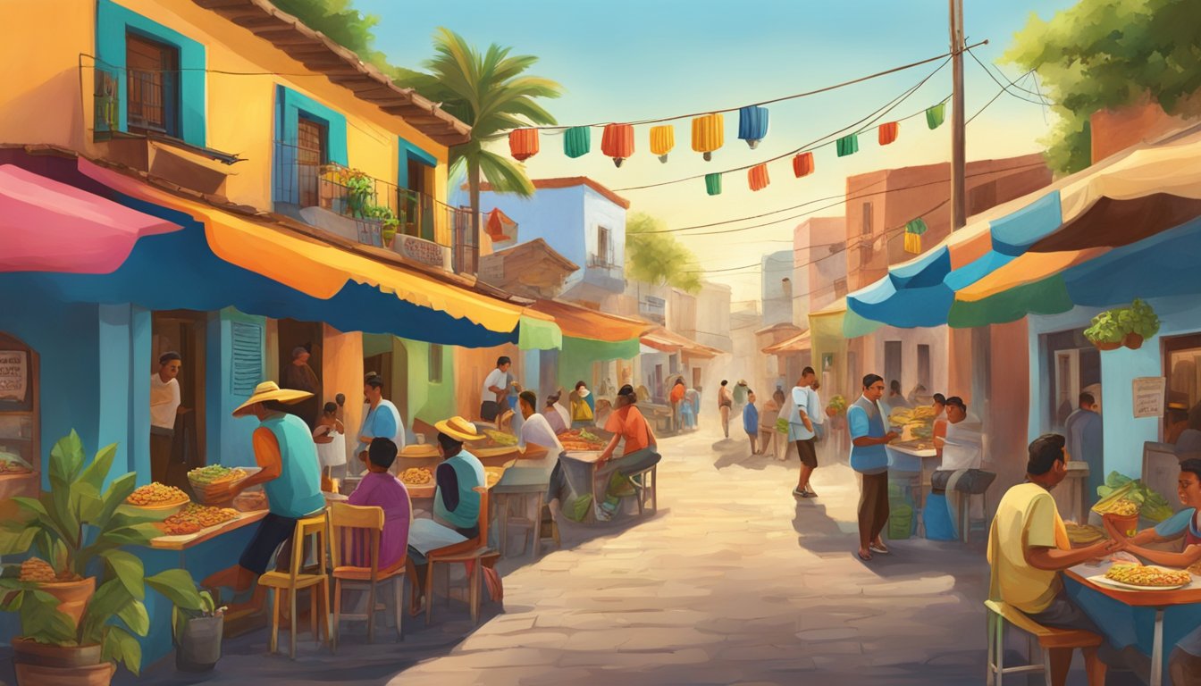 A bustling Mexican fishing village street, with colorful taco stands and locals enjoying traditional taco recipes