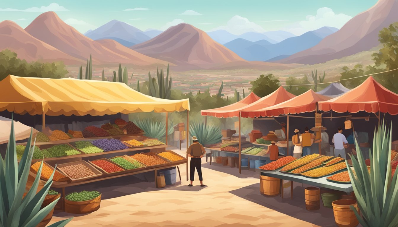 A rustic street market with colorful taco stands, surrounded by agave fields and mountains in the backdrop. Aromas of sizzling meats and spices fill the air