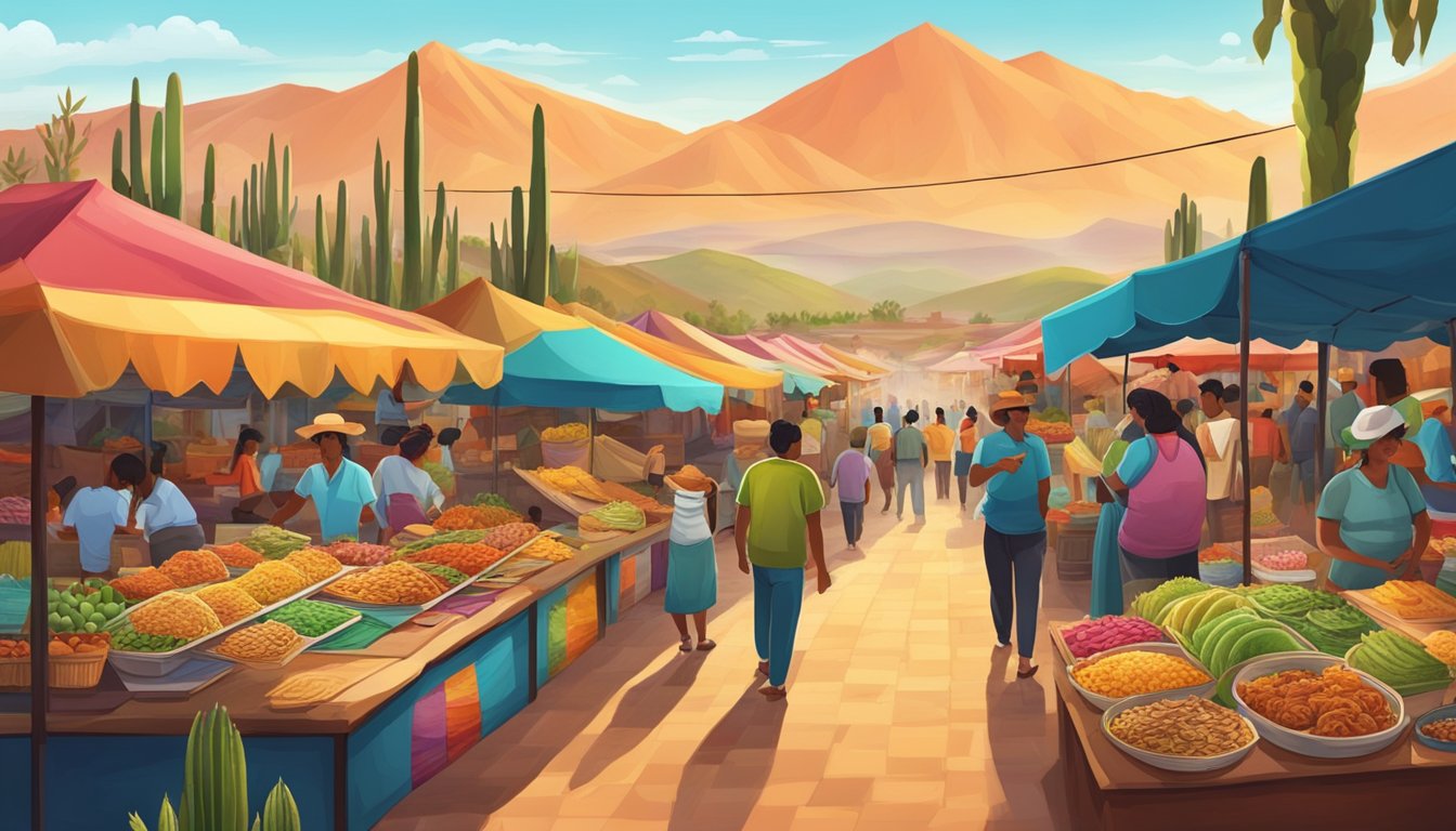 A colorful street market with vendors selling a variety of tacos, surrounded by agave fields and distant mountains in the background