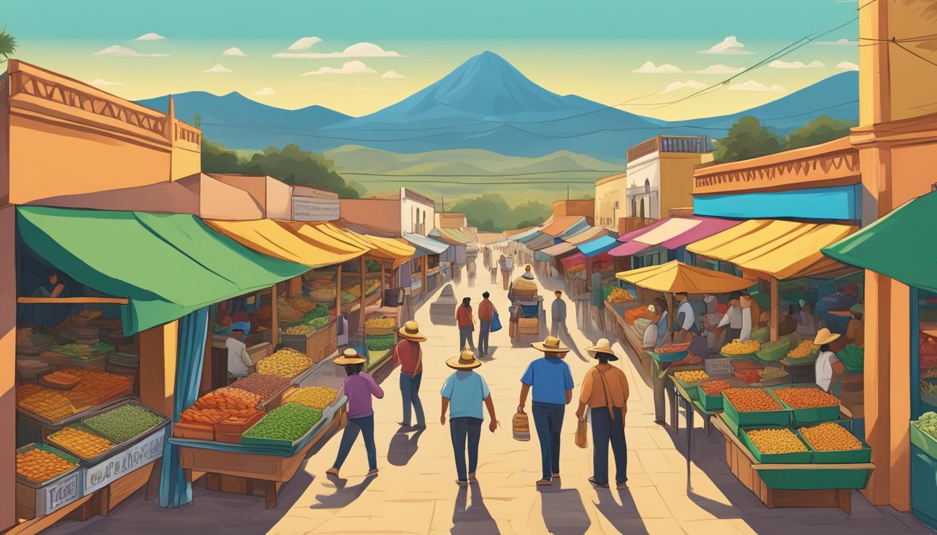 A bustling street market with colorful taco stands, surrounded by agave fields and distant mountains in Mexico's tequila country