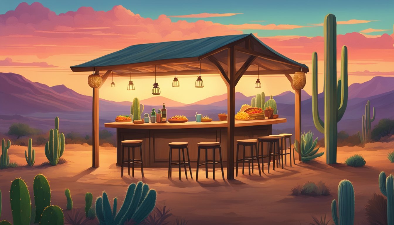 A rustic Texan ranch with rolling hills, cacti, and a vibrant sunset. A traditional adobe-style taco stand with a smoky grill and locals enjoying tacos