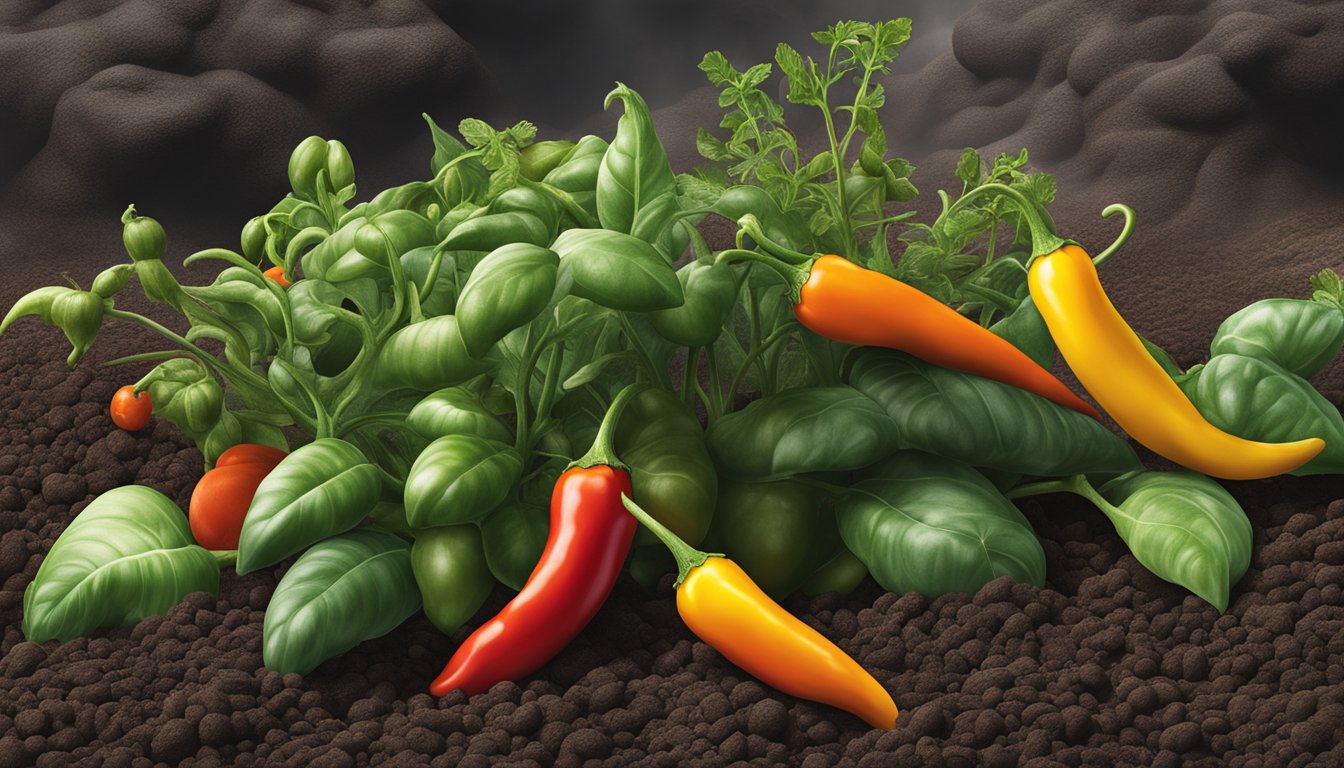 Steam rising from rich, dark volcanic soil, surrounded by vibrant green plants and the red, orange, and yellow hues of ripe chili peppers and tomatoes