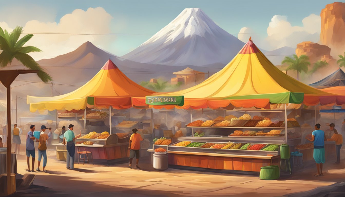 Vibrant market scene with steaming taco stands amidst volcanic landscape