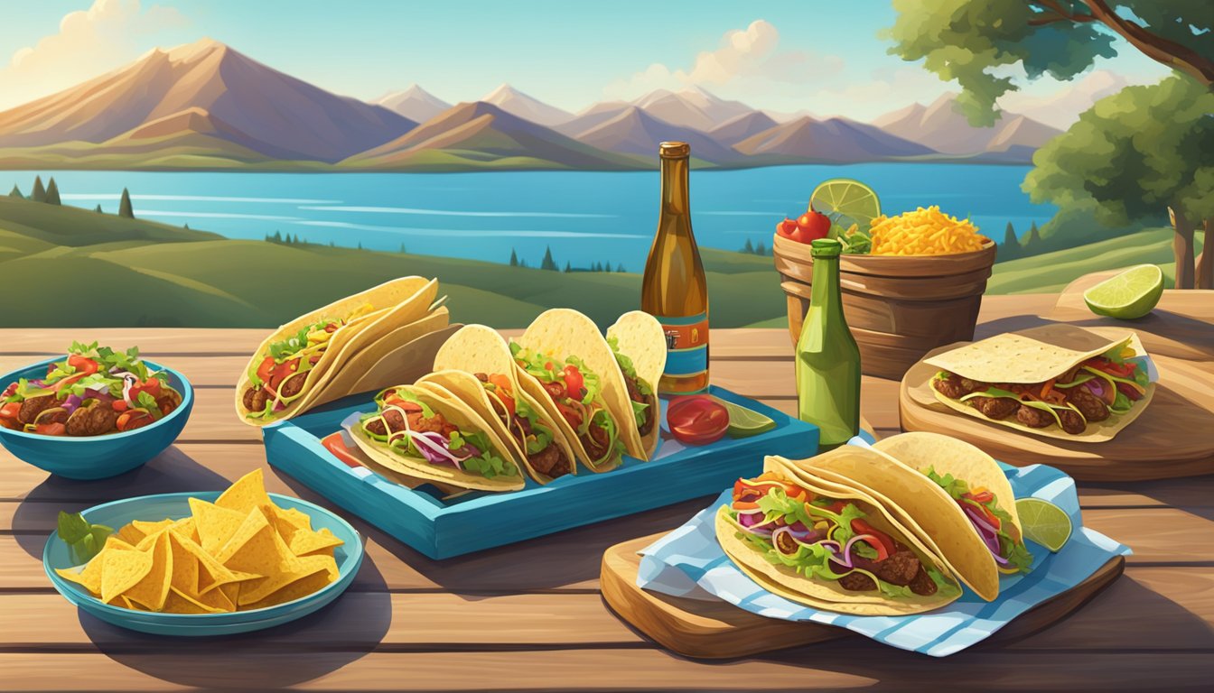 A rustic outdoor picnic table with a spread of colorful, freshly made tacos, surrounded by rolling hills and a clear blue sky