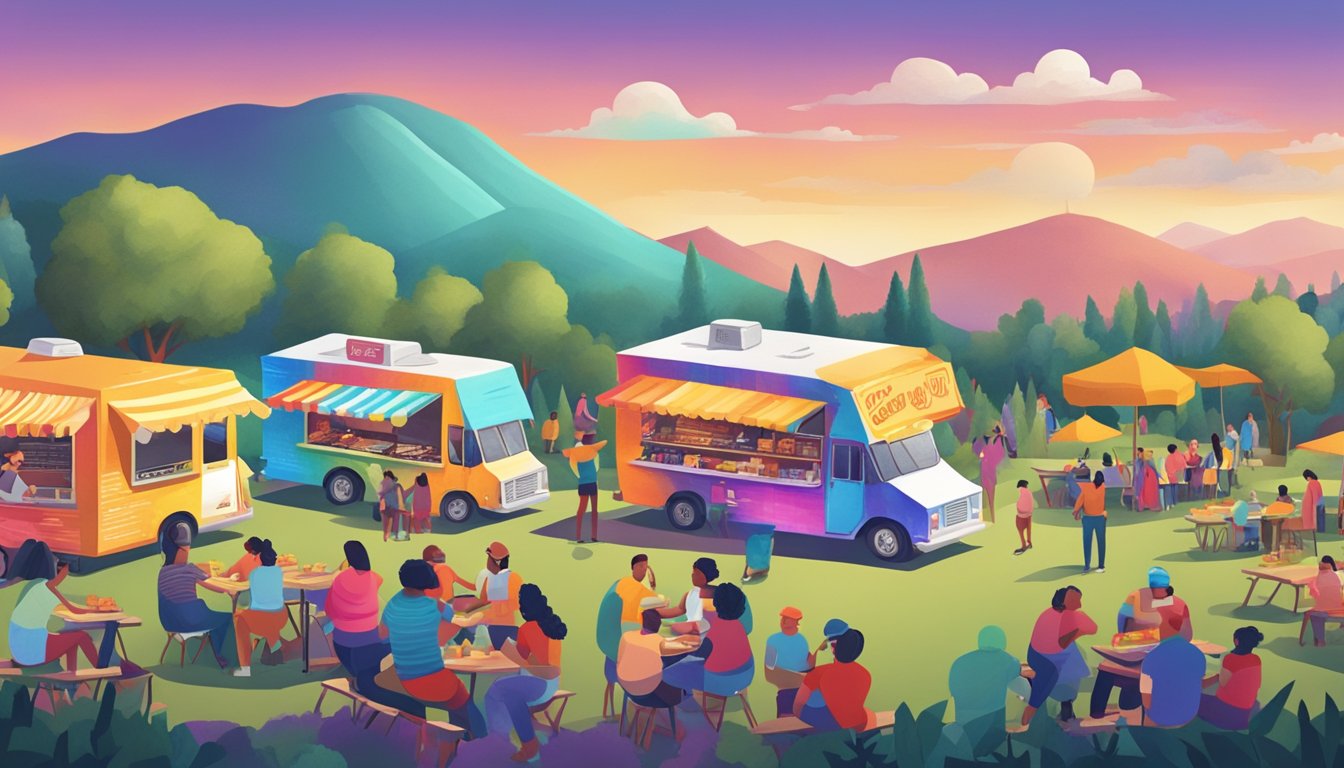 A colorful food truck surrounded by rolling hills and live music, with people enjoying tacos at picnic tables