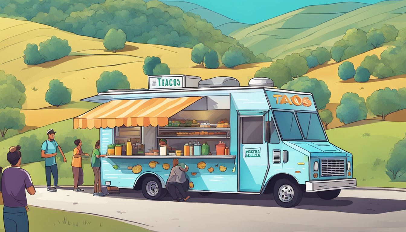 A colorful food truck surrounded by rolling hills, with a line of customers eagerly waiting for their freshly made tacos